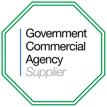 Crown Commercial Service Supplier logo Octagonal badge with double green outline containing text: Government Commercial Agency Supplier, with 'Supplier' in gray italic font and a vertical blue line to the left of the text.