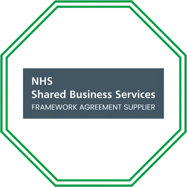 Crown Commercial Service Supplier logo NHS Shared Business Services logo with text 'Framework Agreement Supplier' inside a dark rectangle, framed by a green double-lined octagonal border.