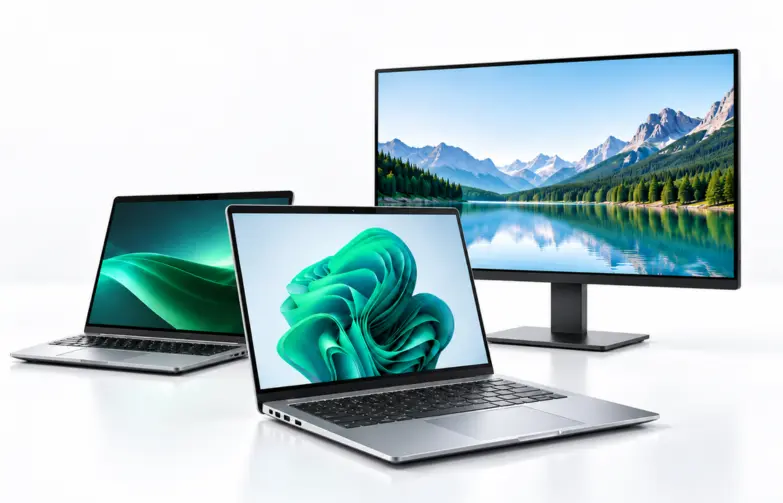 Viasat security solutions Two modern laptops and a desktop monitor arranged on a clean white surface, centred in a minimal studio setting with the screens fully visible