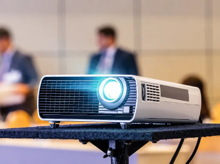 A digital projector on a table projecting light with blurred people in the background.