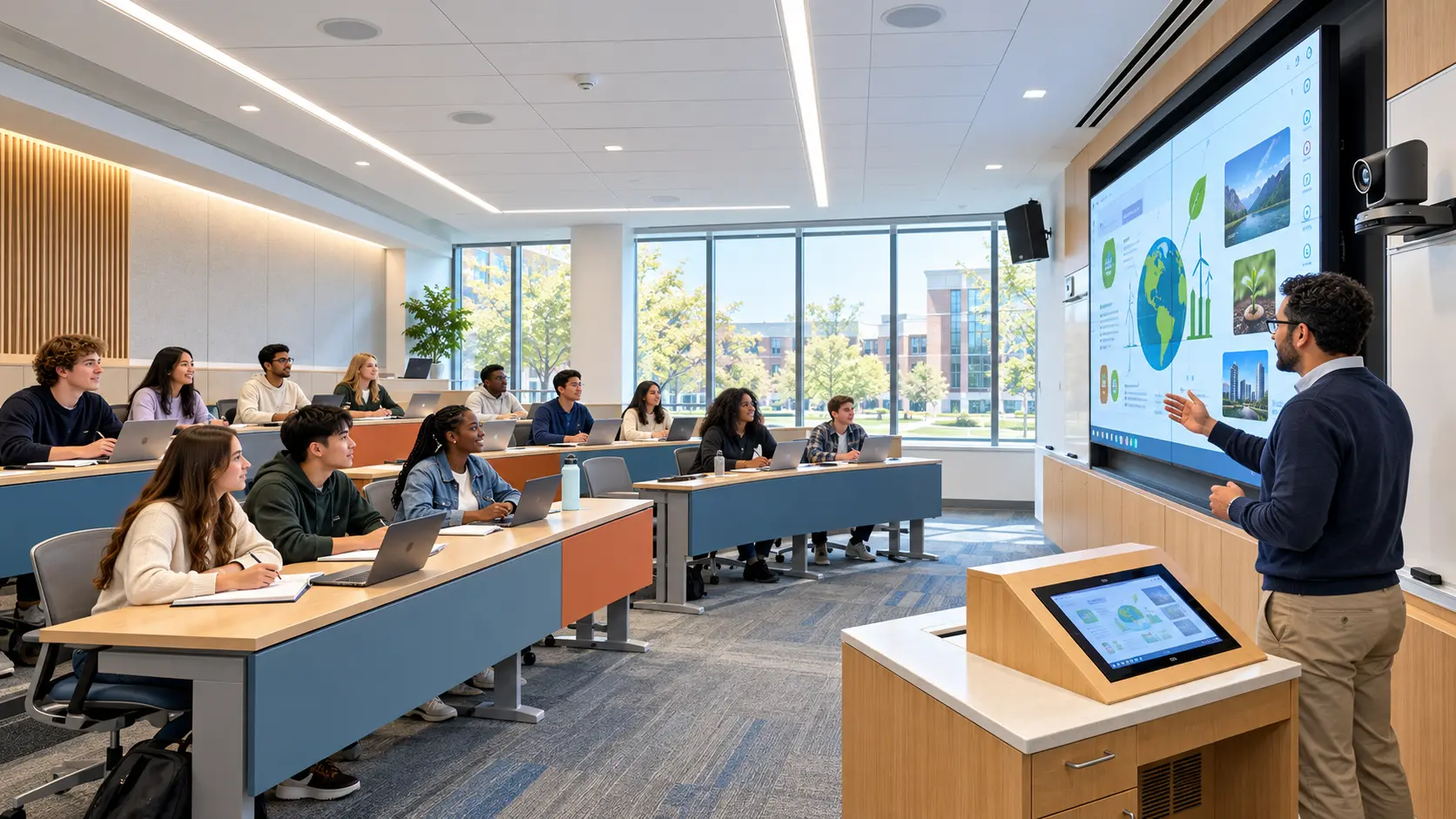 Teacher presenting an interactive digital display to students using laptops in a modern classroom equipped with audio-visual technology.