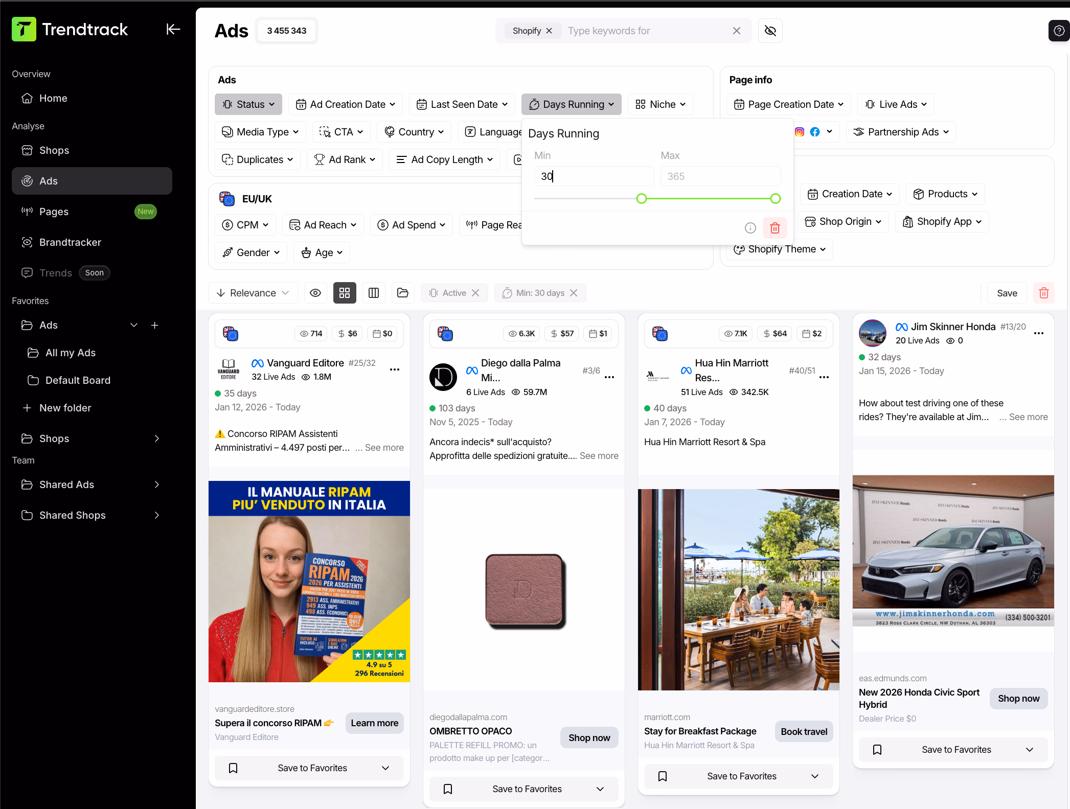 trendtrack ads dashboard filter