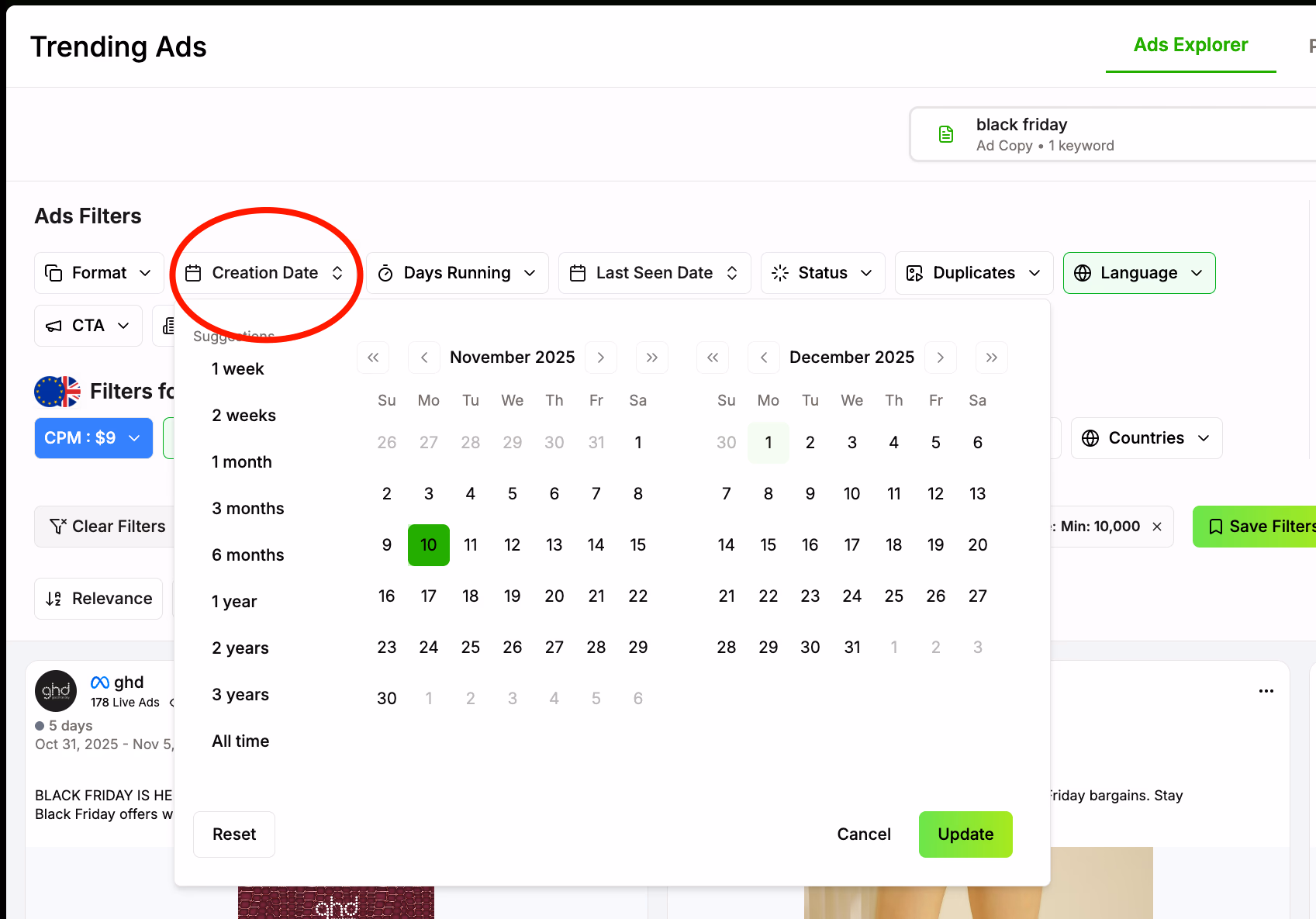 Creation Date Filter Ads