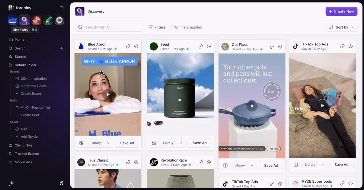 Discovery By Foreplay Ads Dashboard Interface Example