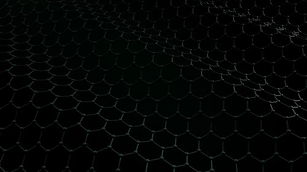 Dark, three-dimensional hexagonal lattice structure representing graphene at the microscopic level.