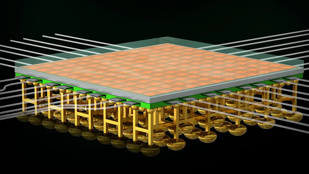 3D rendering of a semiconductor interposer with gold pillars and grid connections on a black background.