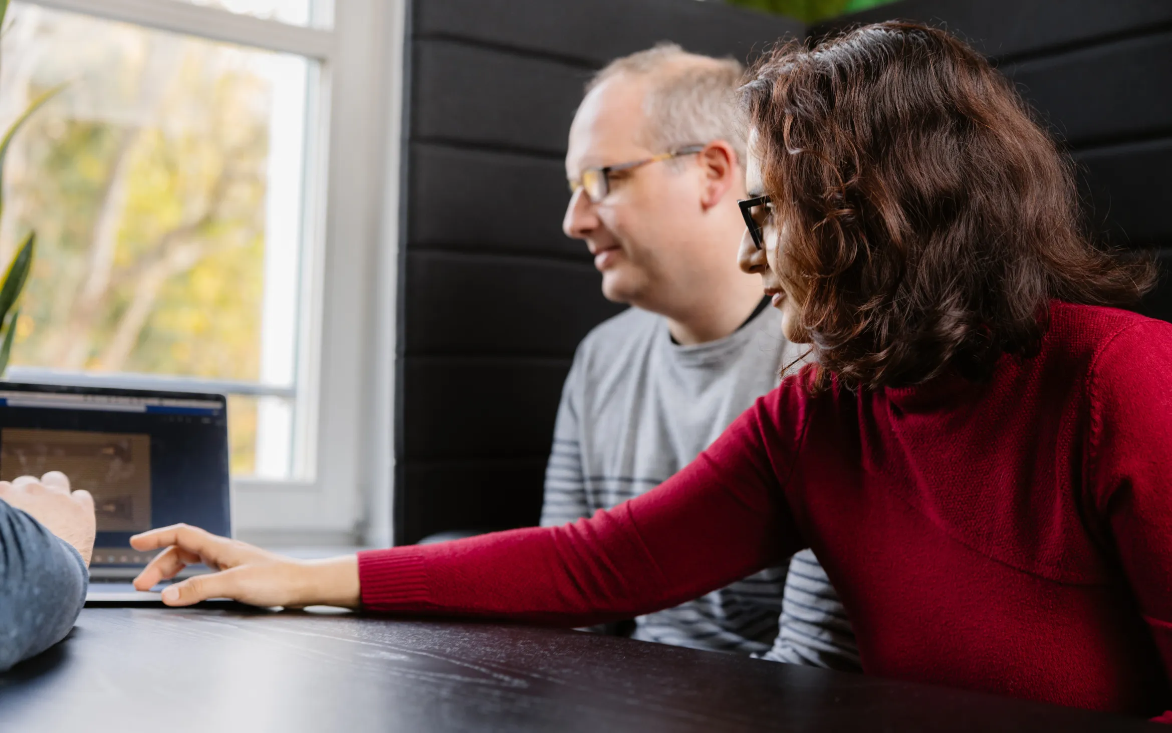Two people sitting at a table looking at a laptop screen, one person pointing at the screen while the other watches, with a window and greenery in the background.