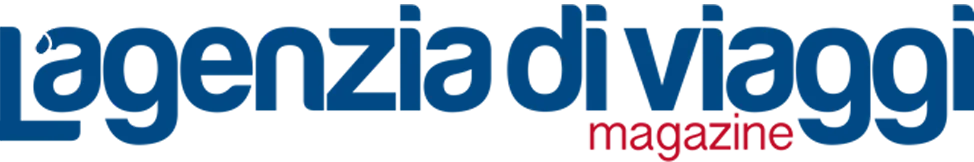 Logo bleu d'Agenzia di Viaggio avec un globe stylisé et texte rouge Agenti di Viaggio.