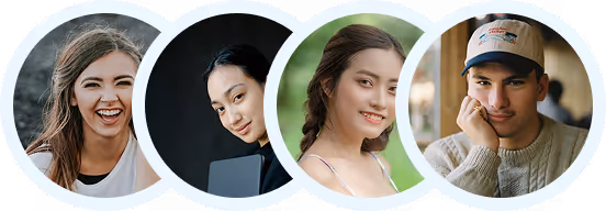 Four diverse young adults smiling and posing in circular frames with light blue borders.