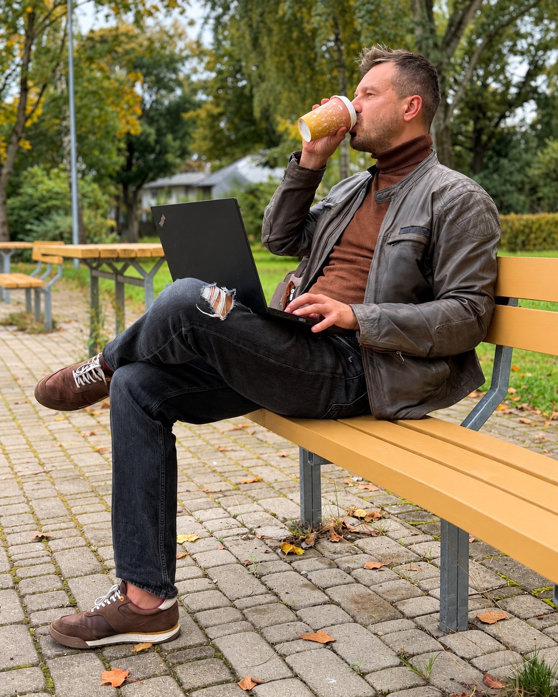 Lauris Osis ar datoru un kafiju uz soliņa parkā