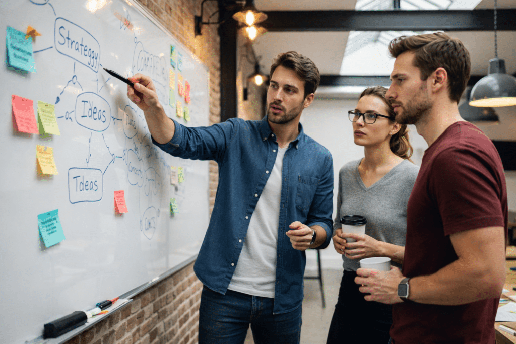 Trois collaborateurs analysent une stratégie sur un tableau blanc, illustrant la posture professionnelle, la prise d’initiative et la collaboration intergénérationnelle en entreprise.