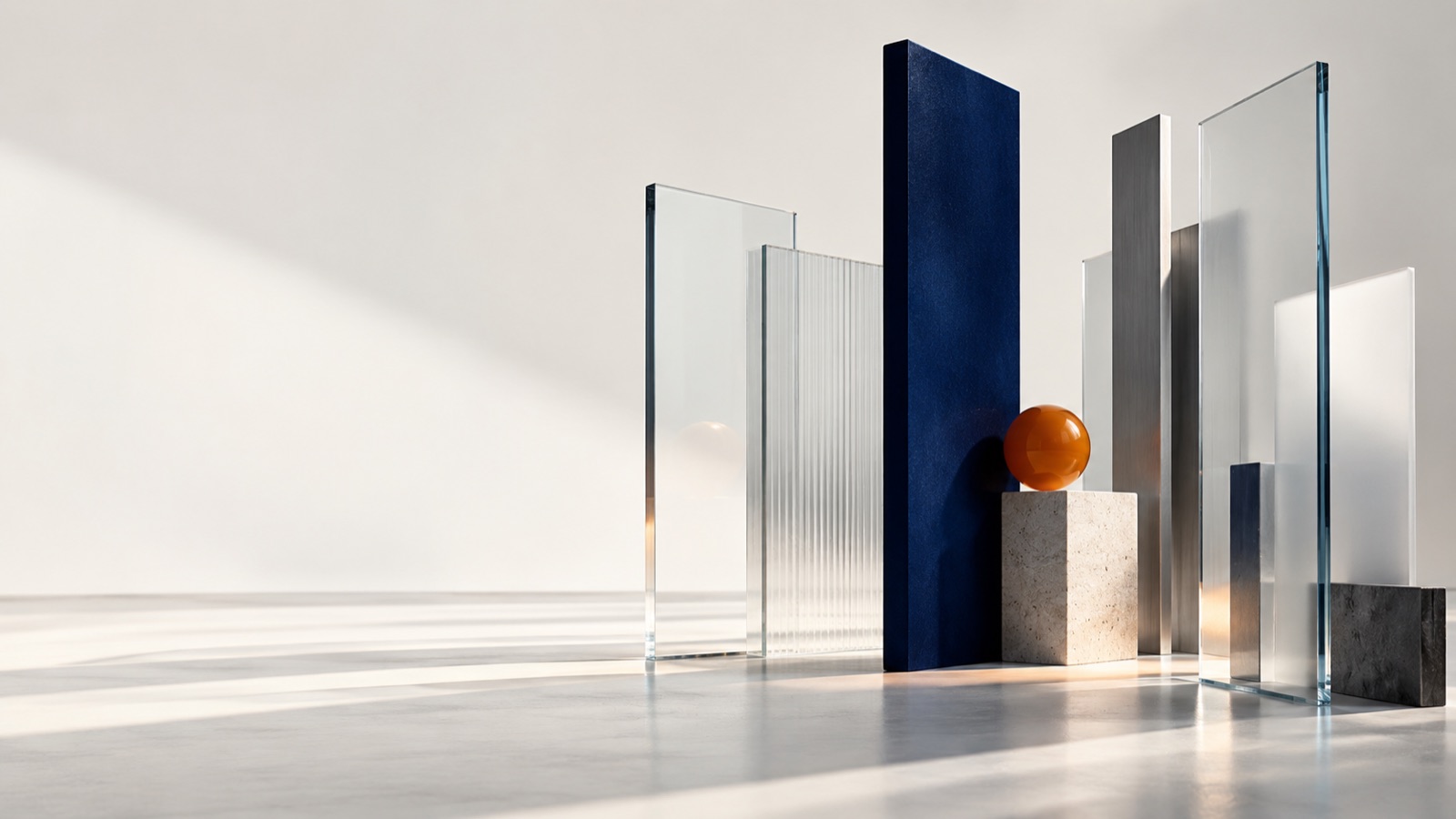 Composition architecturale de panneaux de verre et de pierre autour d'une sphère orange, évoquant les codes et la juste place en entreprise