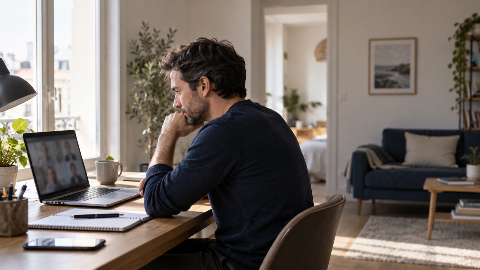 Salarié en télétravail seul à son domicile, en visioconférence
