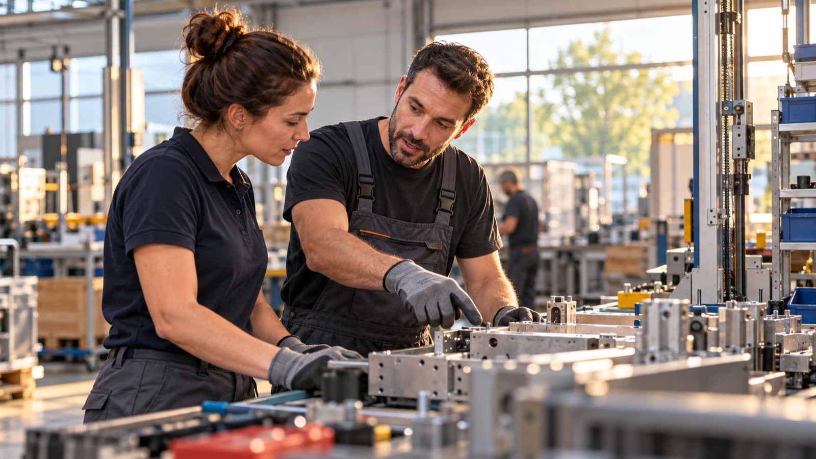 Deux opérateurs analysent une situation de travail sur une ligne de production