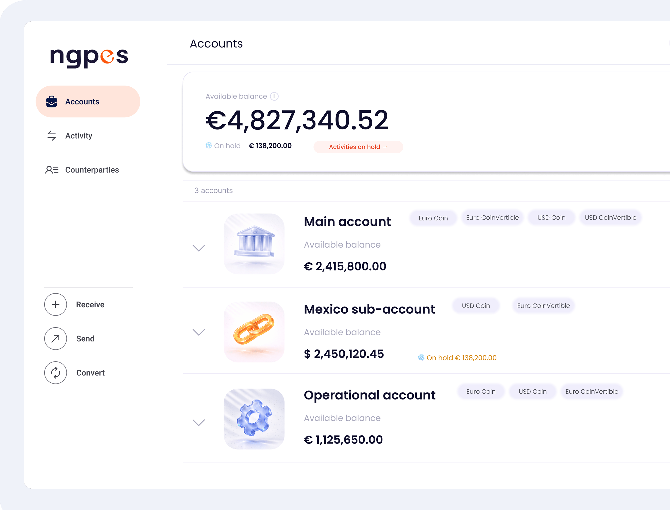 NGPES dashboard showing multi-currency account balances in euro and US dollar