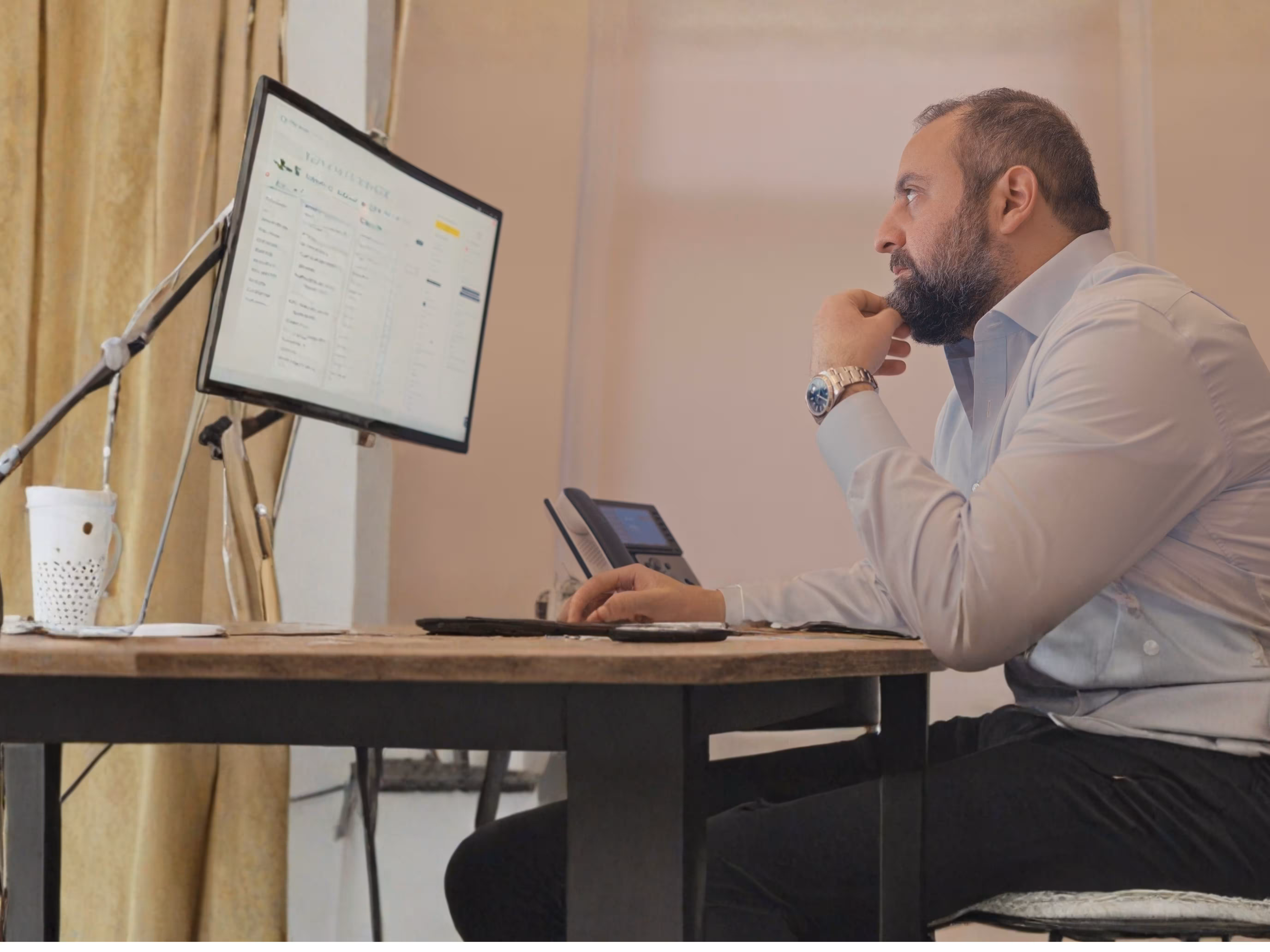 Business professional reviewing data on a monitor at a desk.