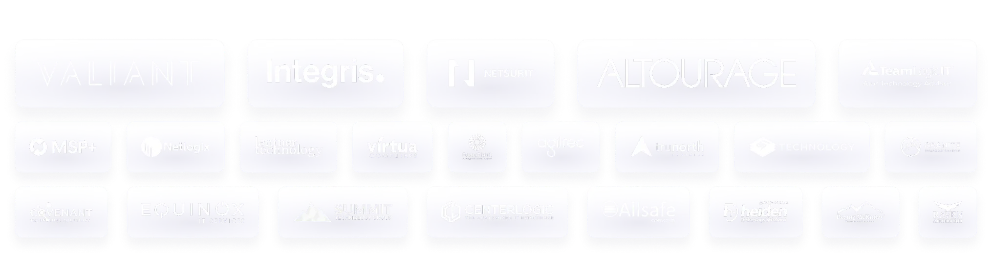 A grid of MSP and IT company logos including Valiant, Integris, Netsurit, Altourage, TeamLogic IT, MSP+, Netlogix, Lentner Technology, Virtua Computers, FocusPlanit, Agiltec, Trunorth Dynamics, Granite Technology, Covenant Technology Solutions, Equinox IT Services, Summit Technology Group, Centerlogic, Allsafe Cybersecurity, Heiden Technology Solutions, Bering McKinley, and Raven Automation.