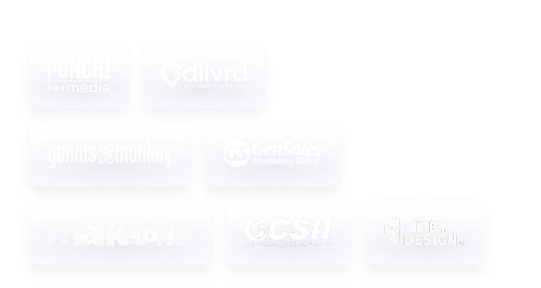 A grid of partner company logos including Punch! Media, Dlivrd Technologies, Genius Monkey, GenSales Marketing Group, Marketopia, CSII Communication Services Integrated, and IT by Design.