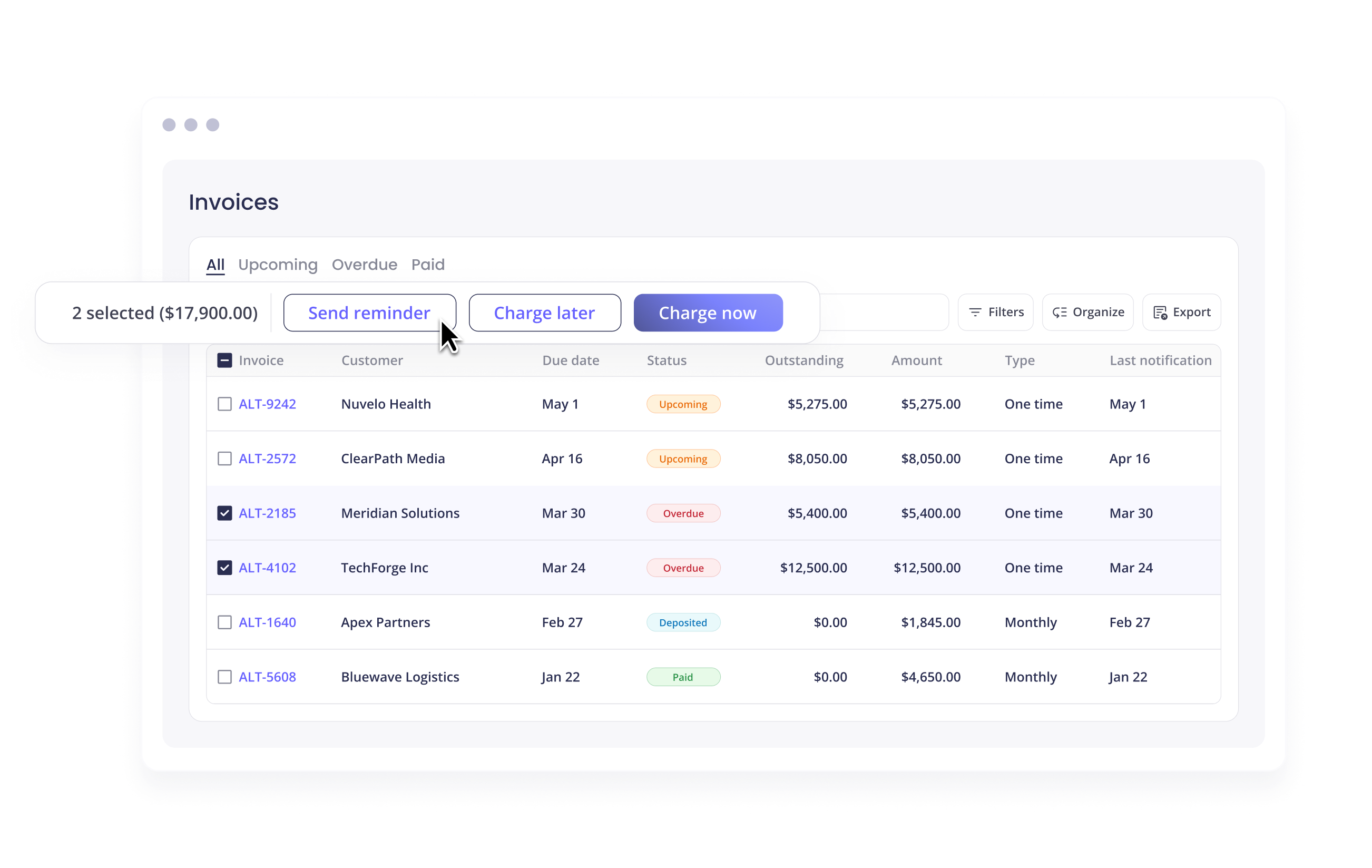 Bills dashboard showing a list of vendor transactions with due dates, amounts, and payment statuses