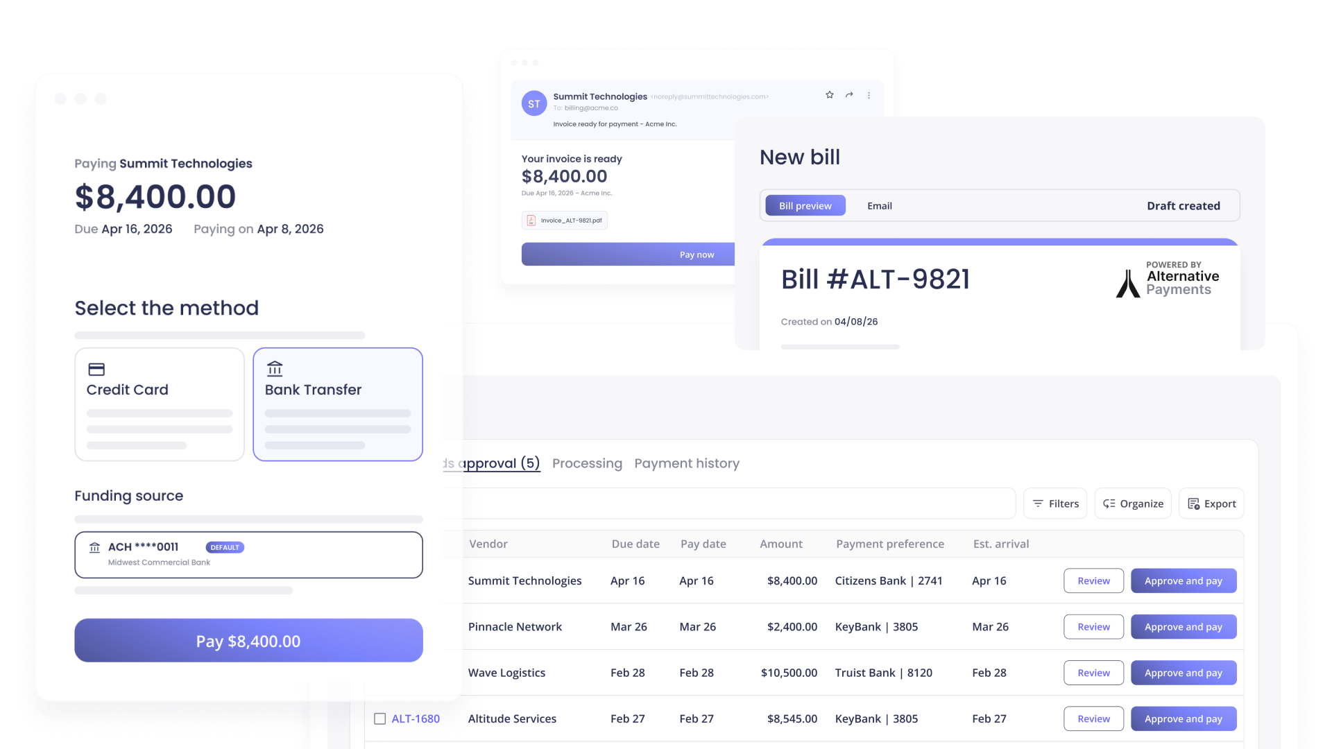Payment method selection screen and bills payment history dashboard side by side