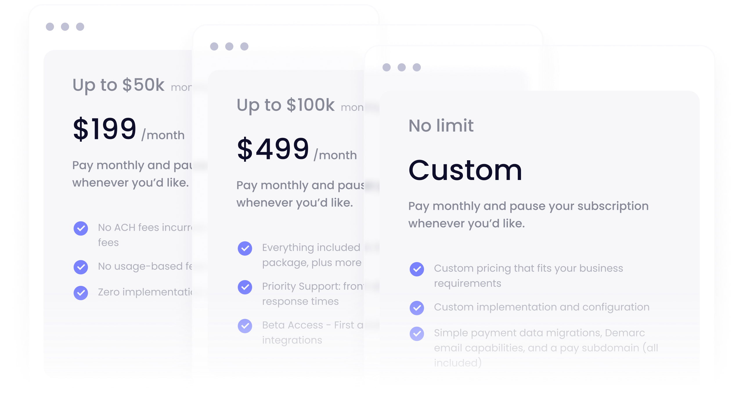 Pricing plans UI showing three tiers including a custom option