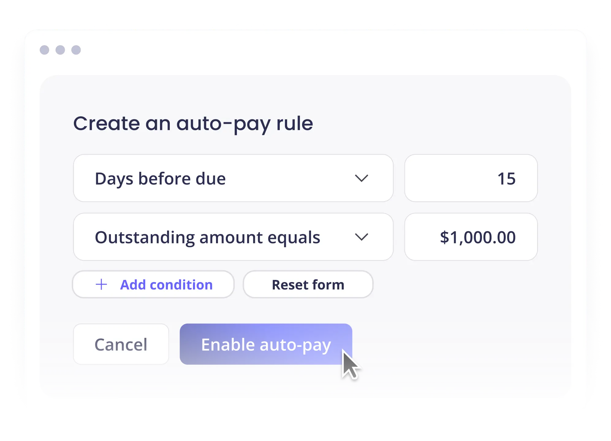 Auto-pay rule creation screen with days before due and outstanding amount conditions