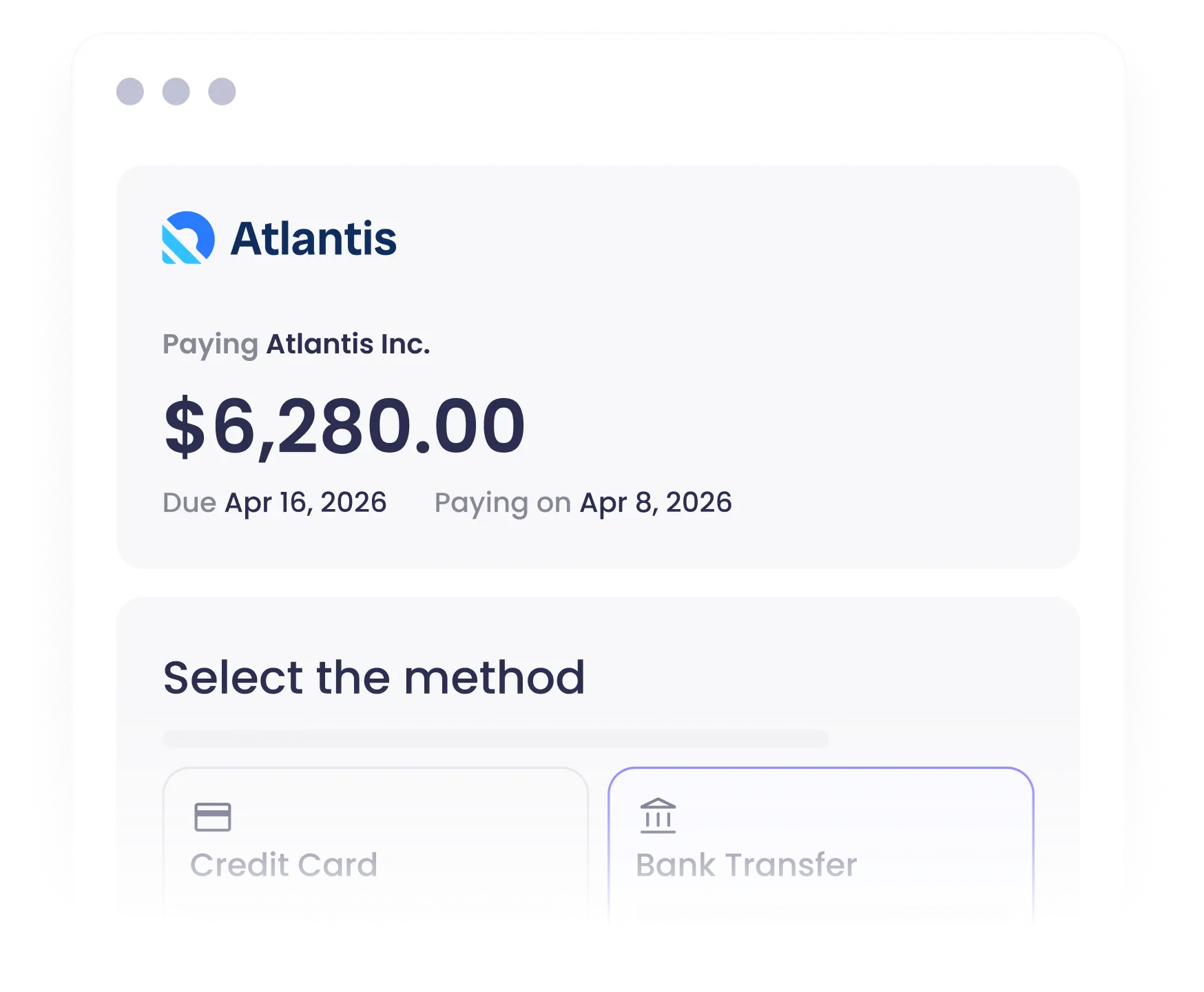Atlantis Inc. payment screen showing amount due and payment method selection