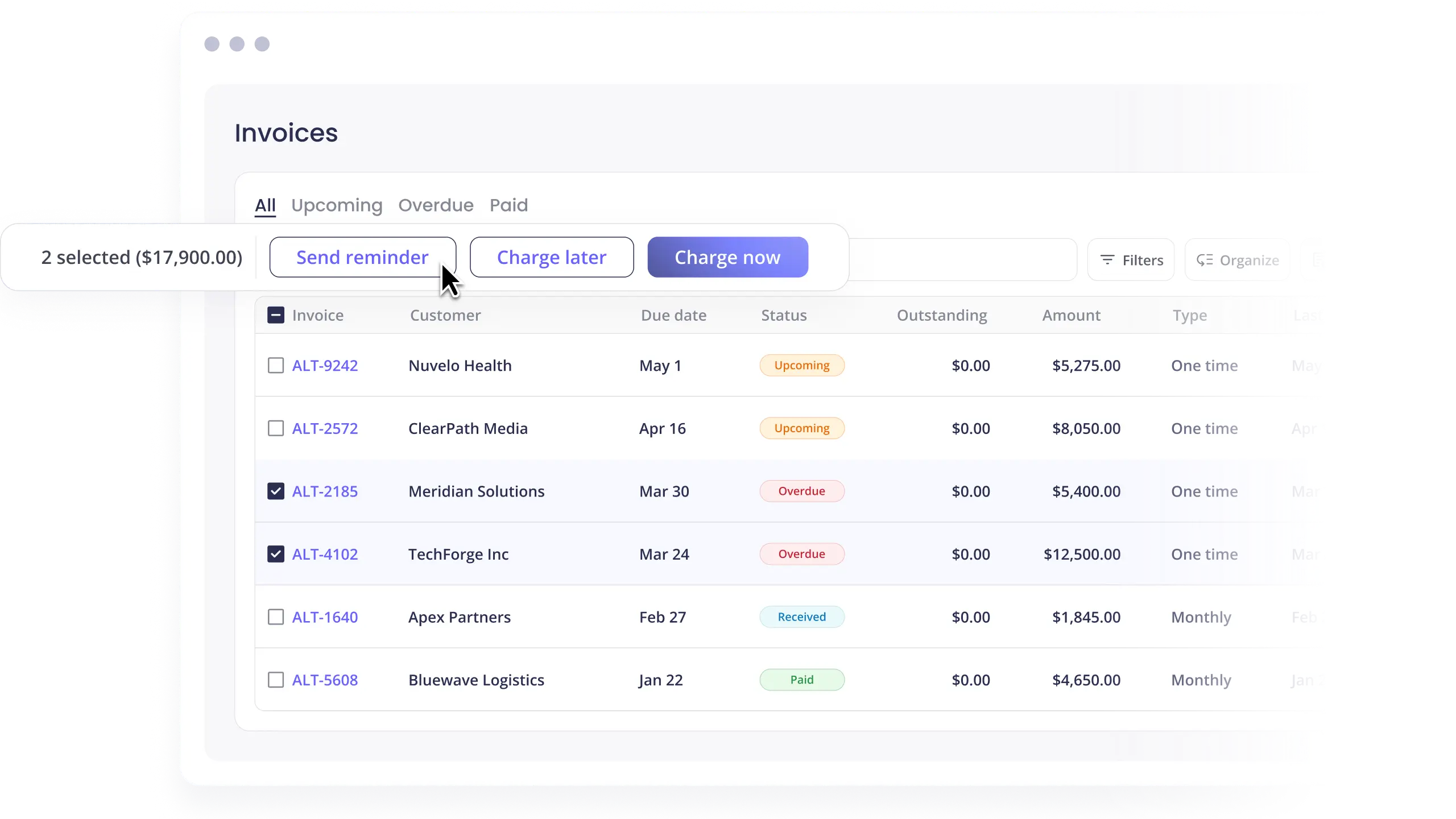 Invoices list with two overdue invoices selected and send reminder, charge later, and charge now action bar