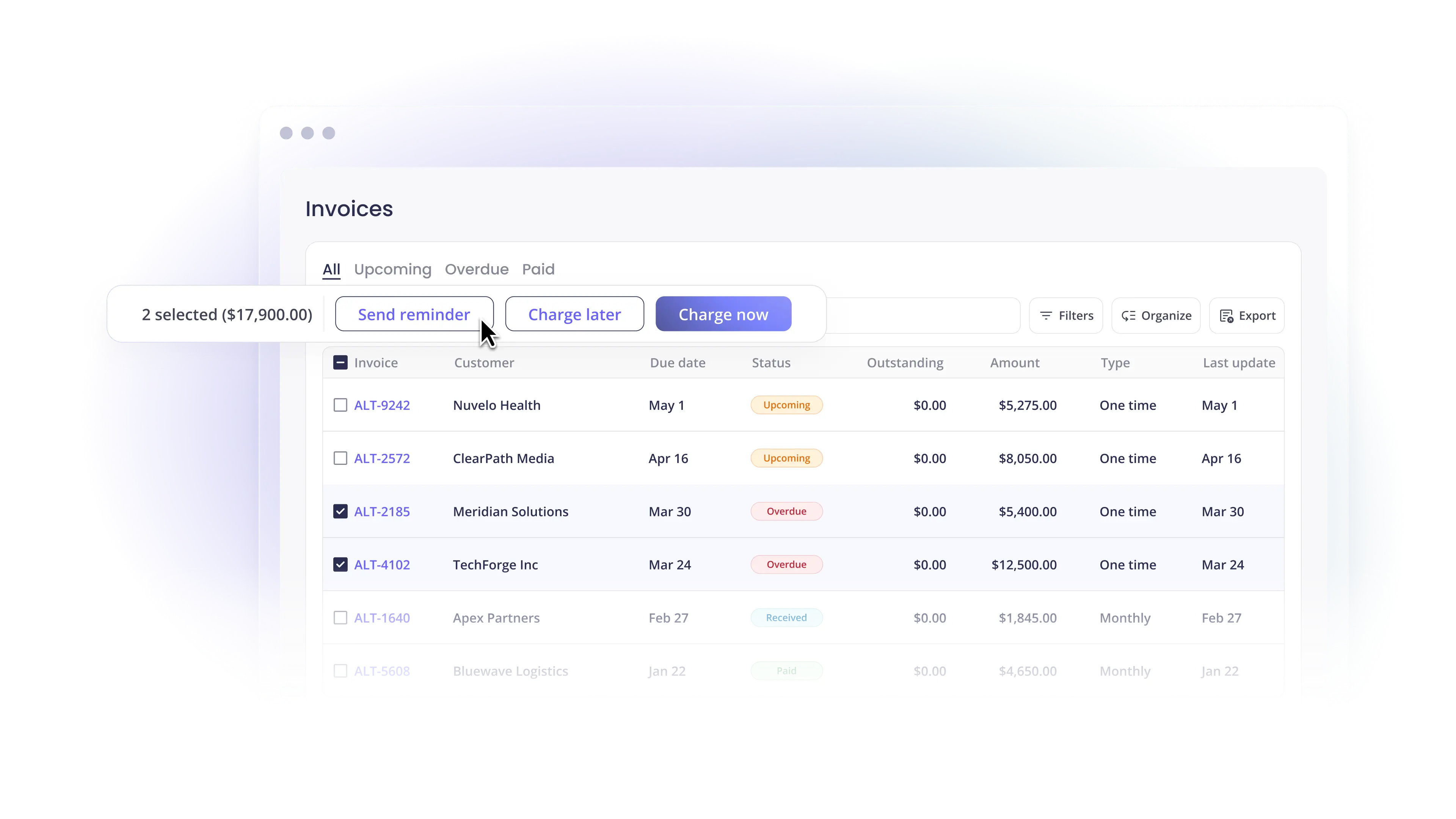 Invoices list with two overdue invoices selected and send reminder, charge later, and charge now action bar