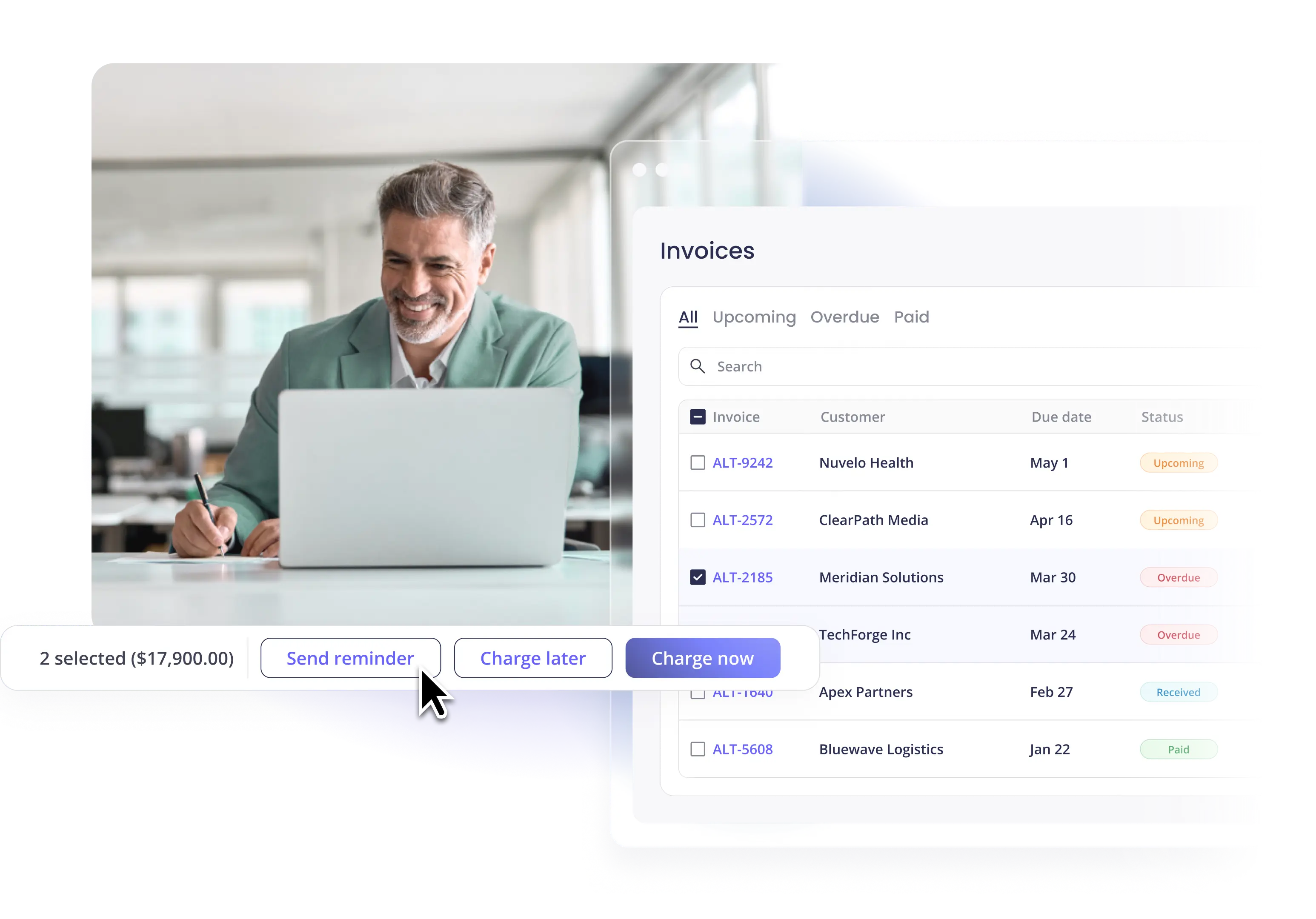 A professional at a laptop next to an invoices list with send reminder and charge now actions
