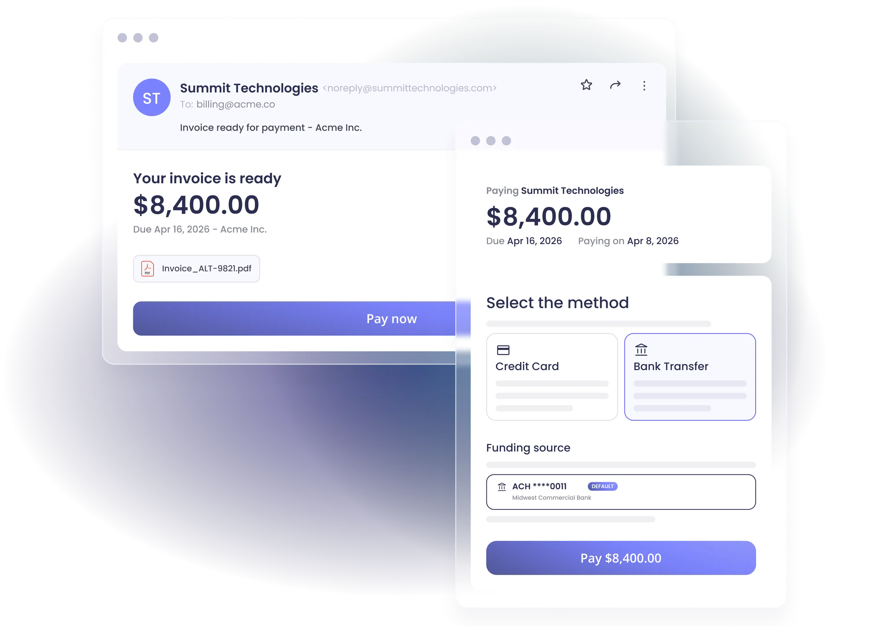 Invoice email notification next to a payment method selection screen for Summit Technologies