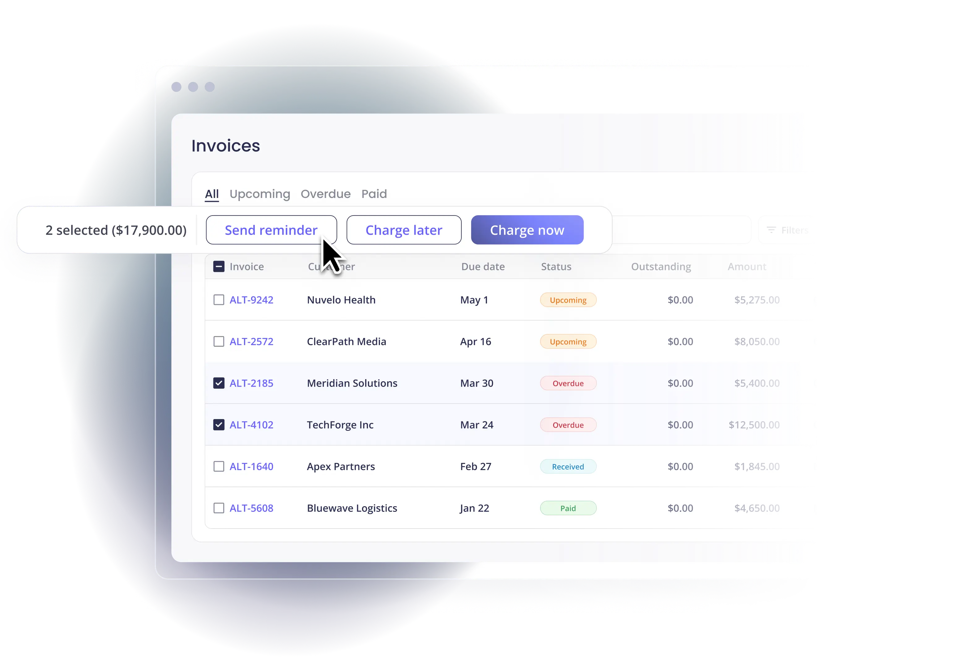 Invoices list with two overdue invoices selected and send reminder, charge later, and charge now action bar