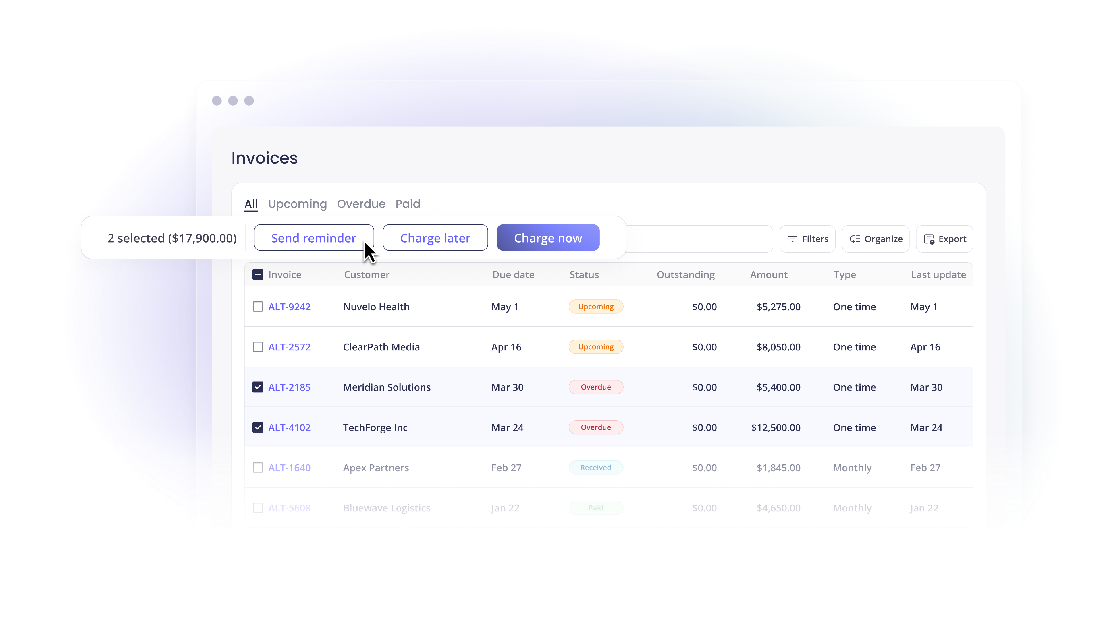 Invoices dashboard showing a list of transactions with status indicators