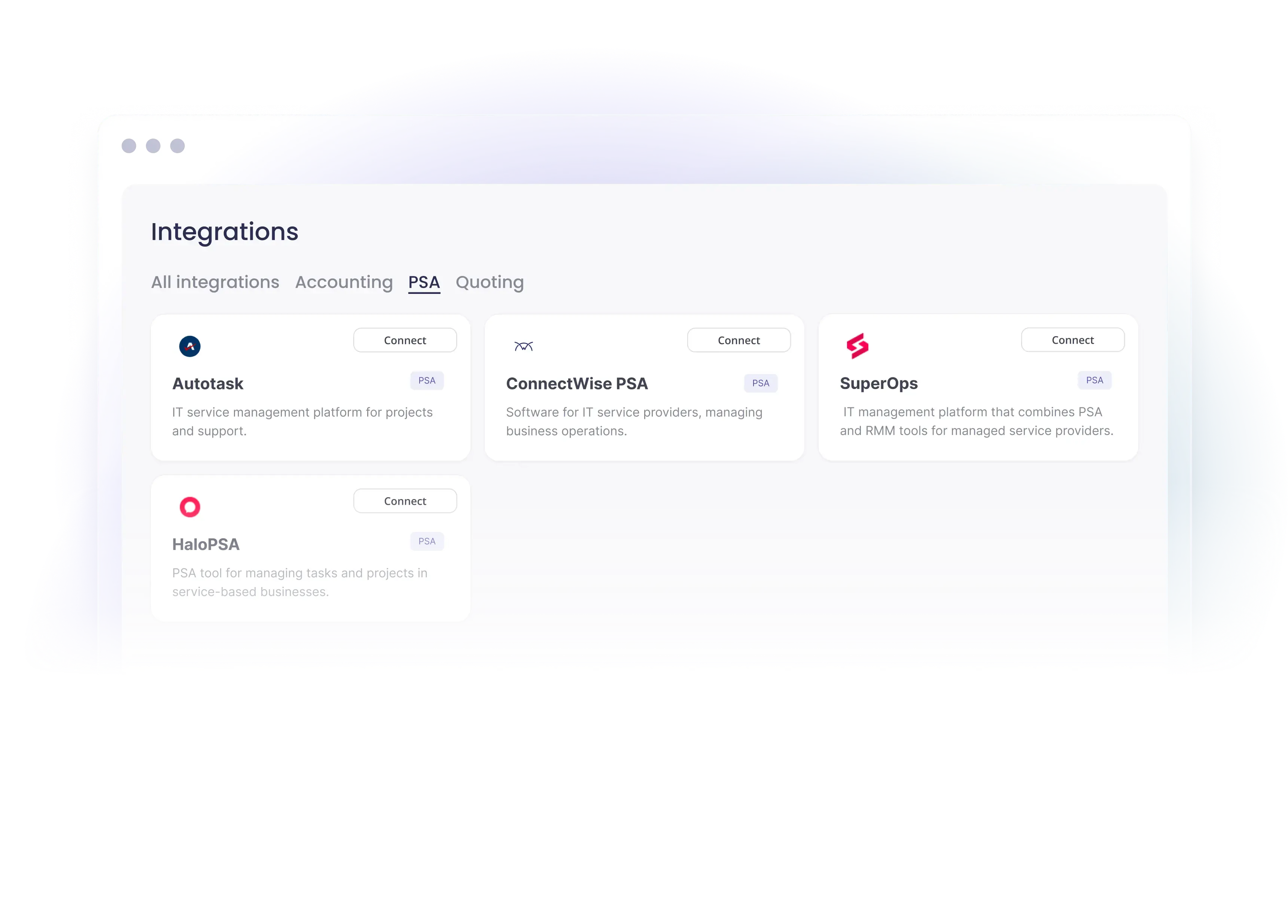 Integrations page showing PSA connectors including Autotask, ConnectWise PSA, SuperOps, and HaloPSA