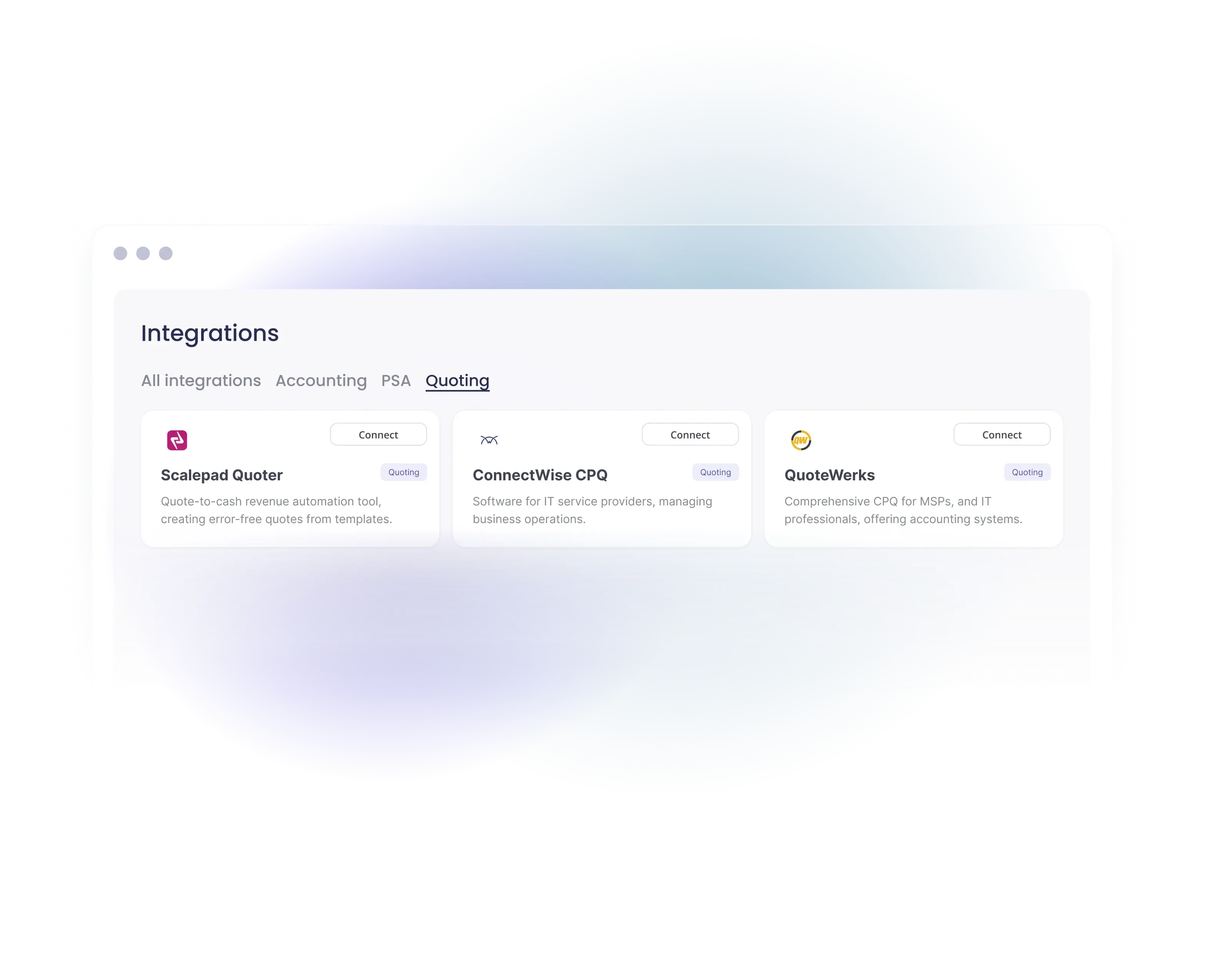 Integrations page showing quoting connectors including Scalepad Quoter, ConnectWise CPQ, and QuoteWerks