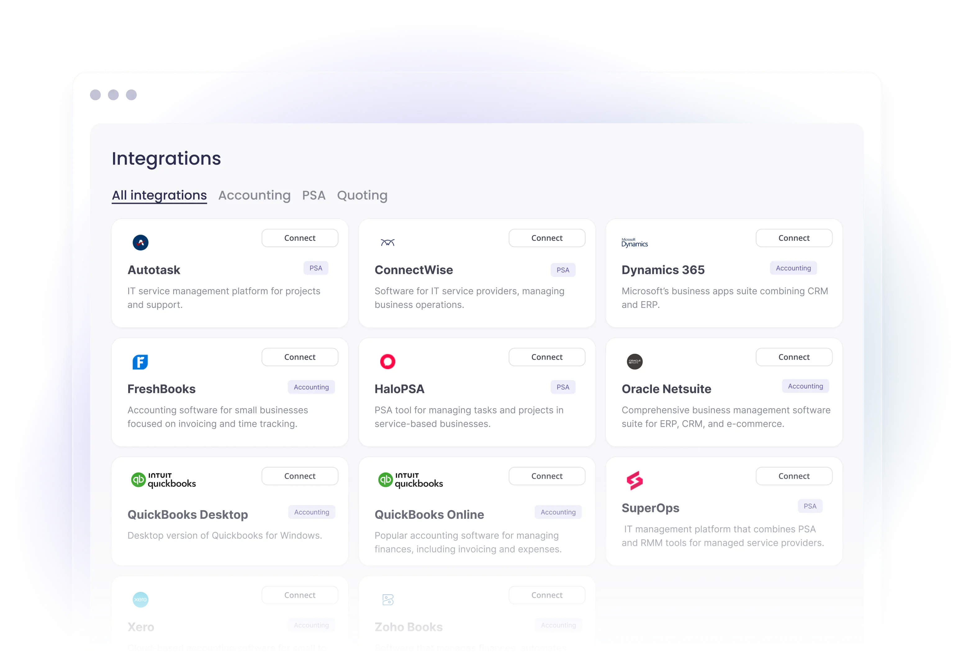 Integrations page showing all accounting and PSA connectors including QuickBooks, ConnectWise, and NetSuite
