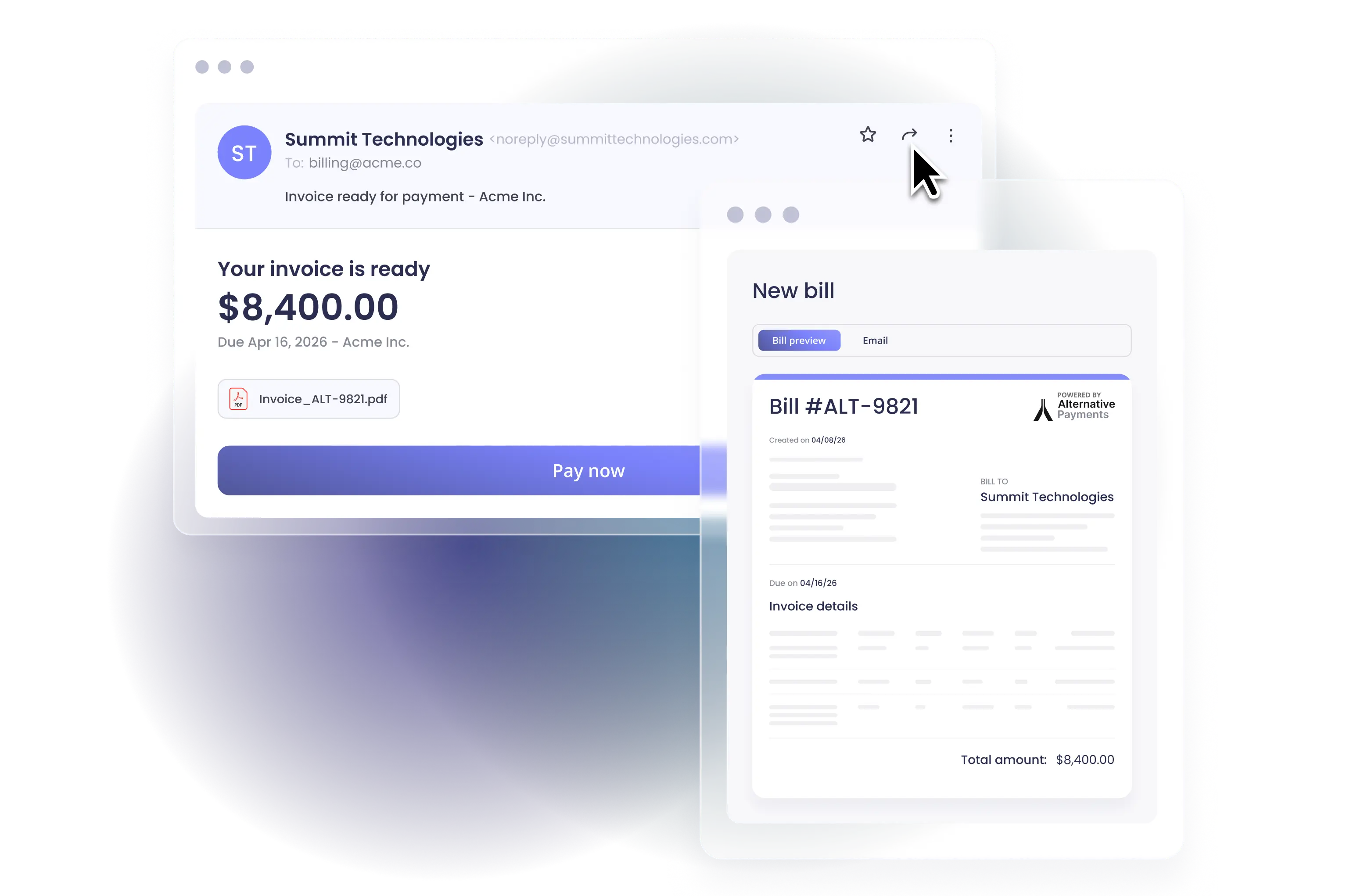 Invoice email notification next to a new bill preview powered by Alternative Payments