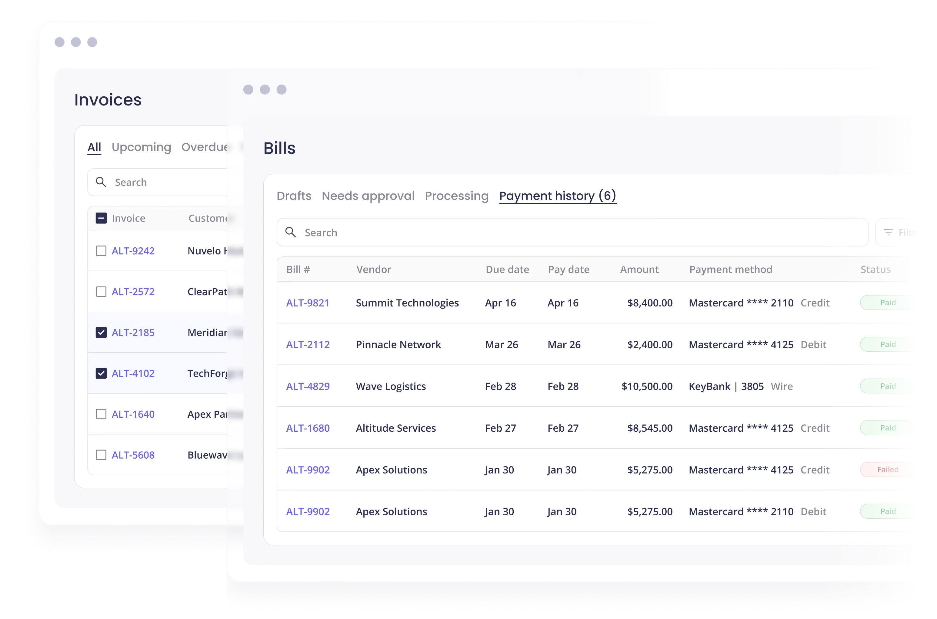 Invoices list and bills payment history dashboards side by side