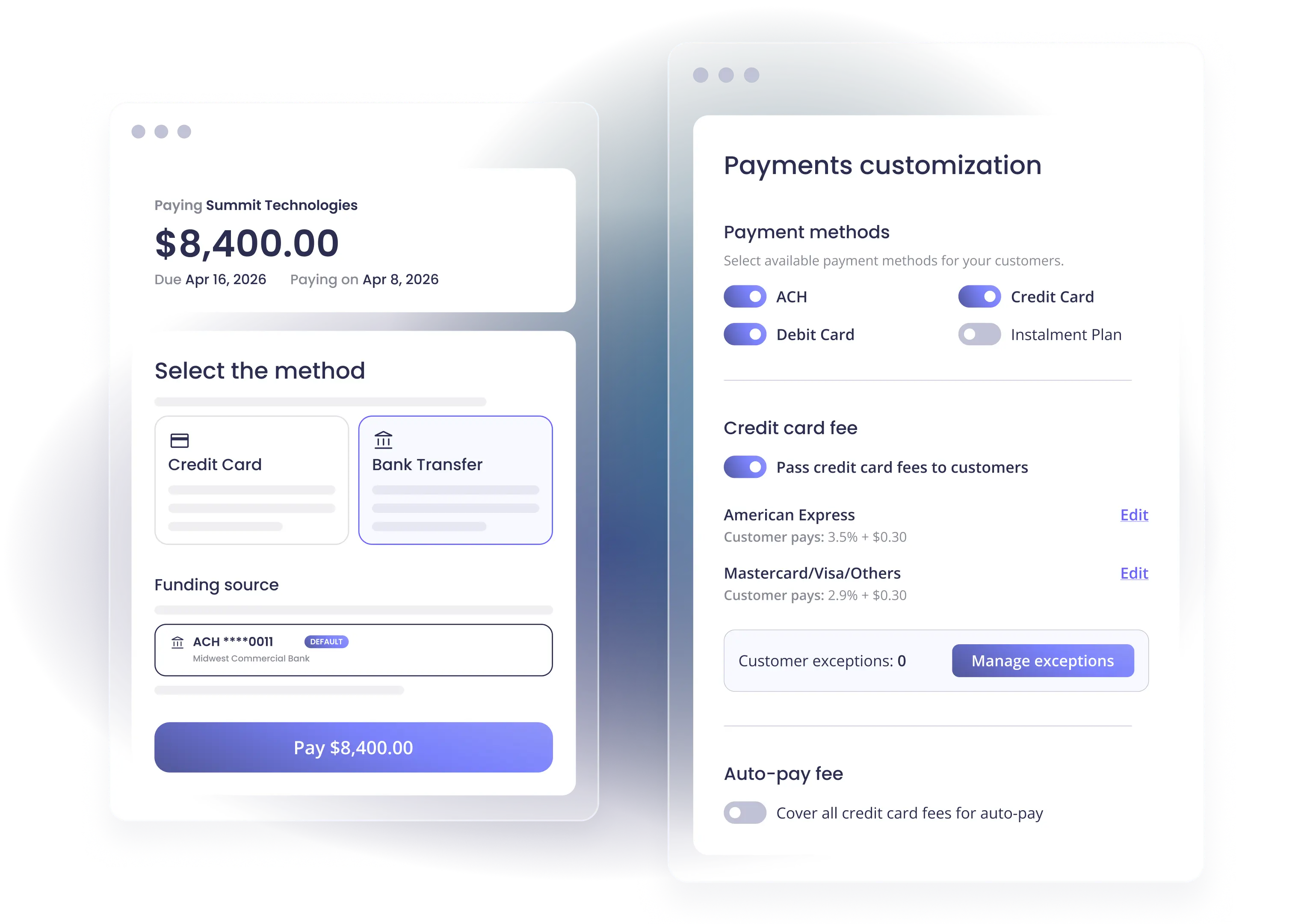Payment method selection screen next to a payments customization panel with fee and method toggles