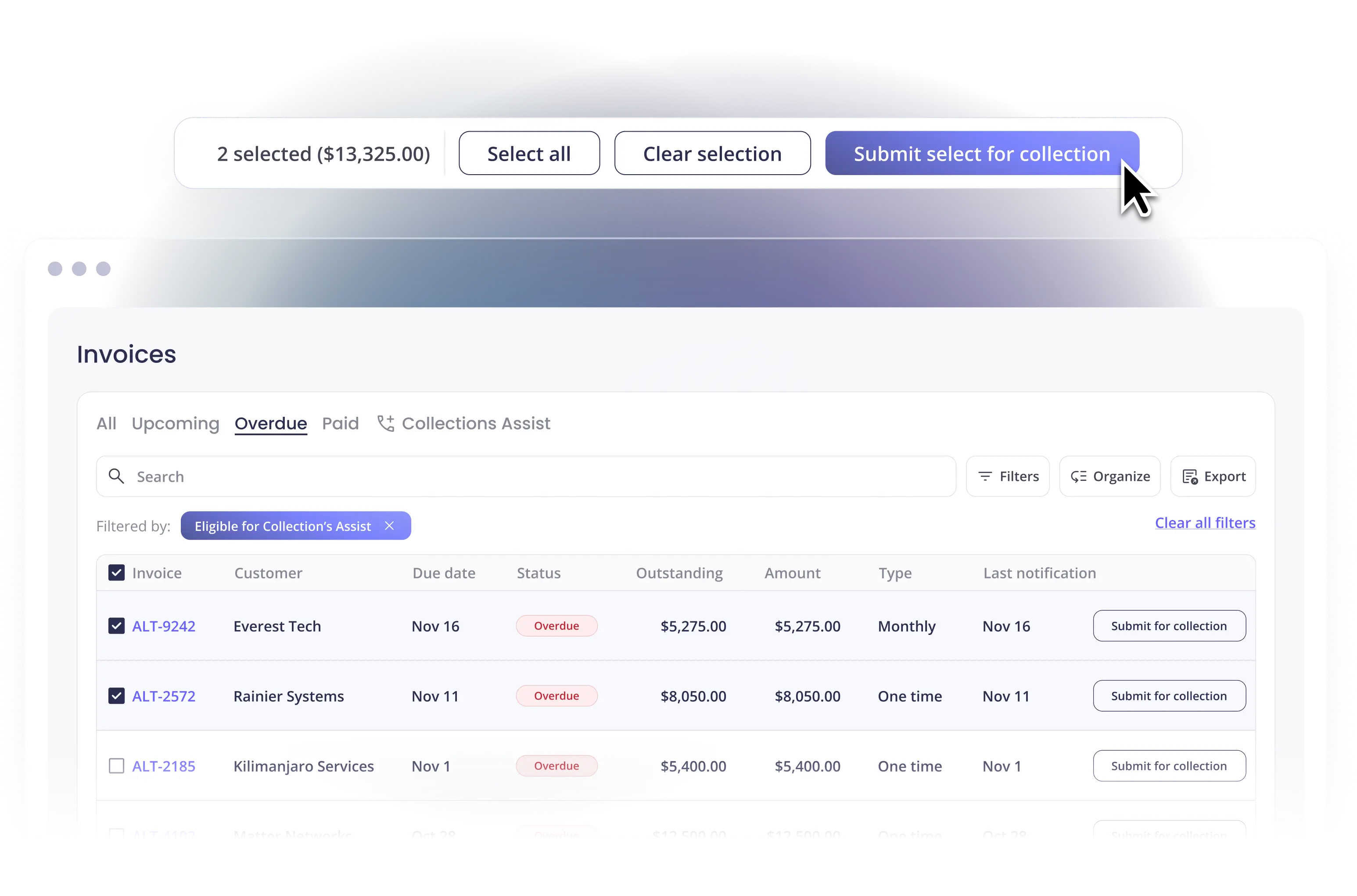 Overdue invoices list filtered by Collections Assist eligibility with a submit for collection action bar