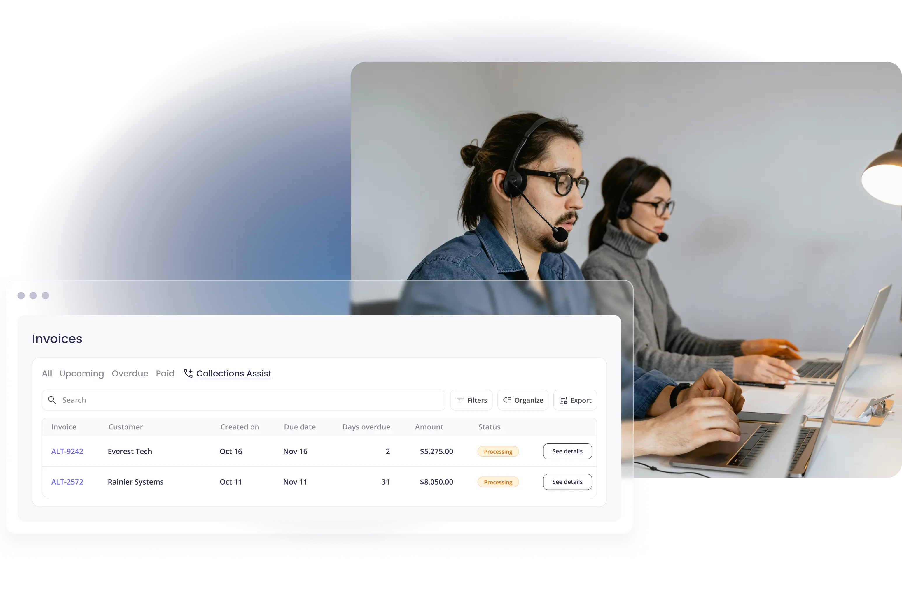 Two professionals with headsets next to an invoices Collections Assist dashboard