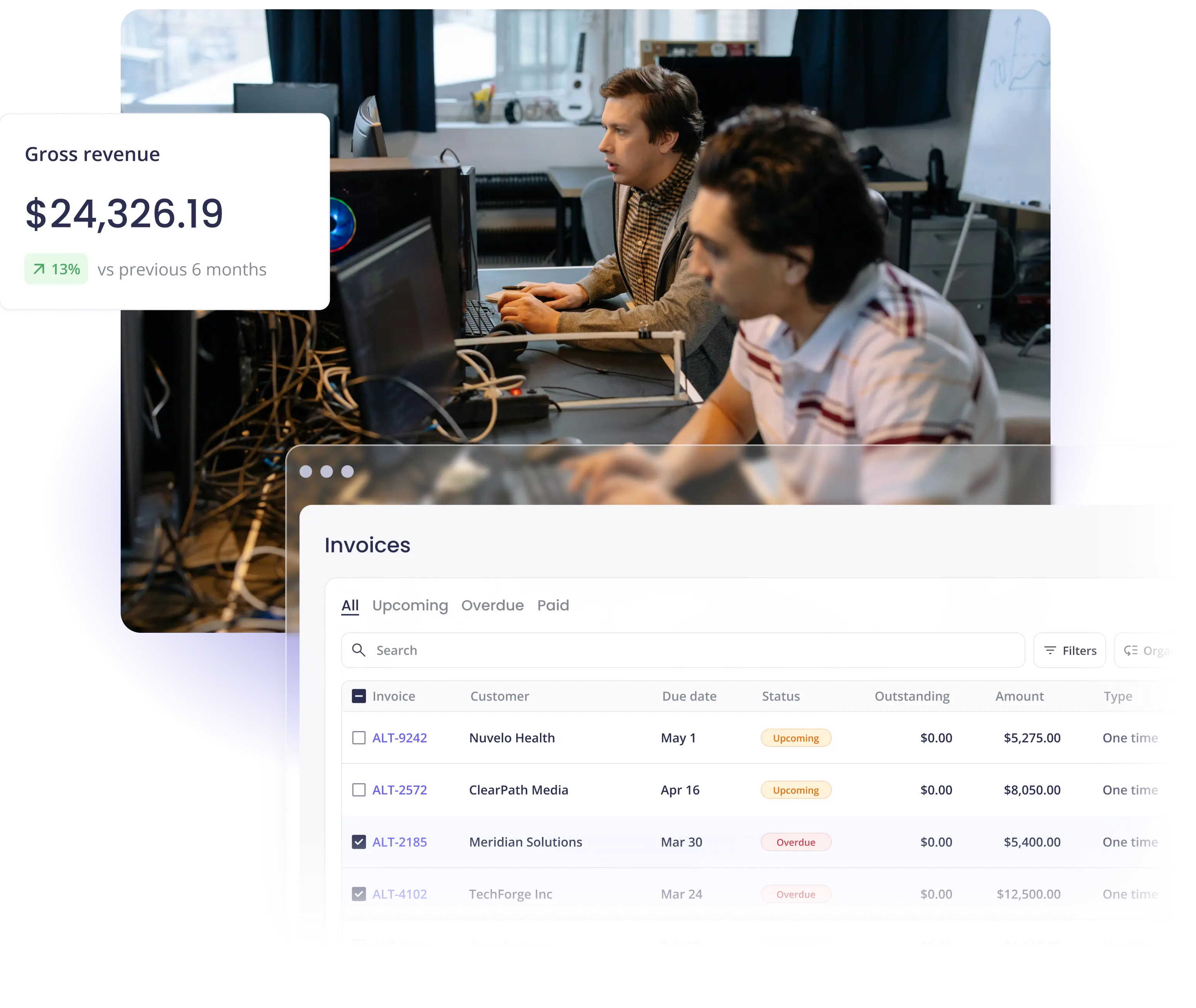 Two professionals at computers next to a gross revenue stat and invoices dashboard