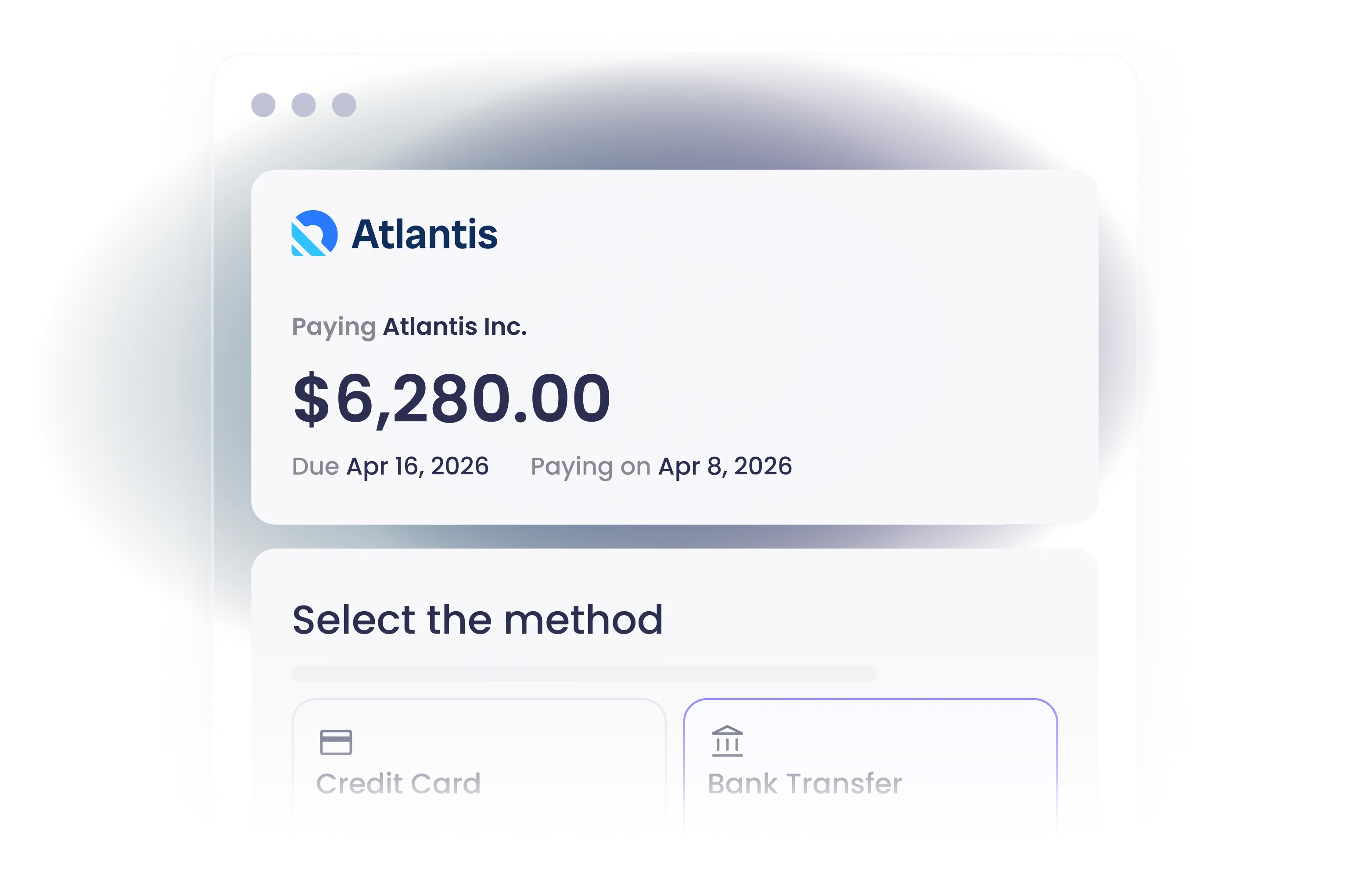 Atlantis Inc. payment screen showing amount due and payment method selection