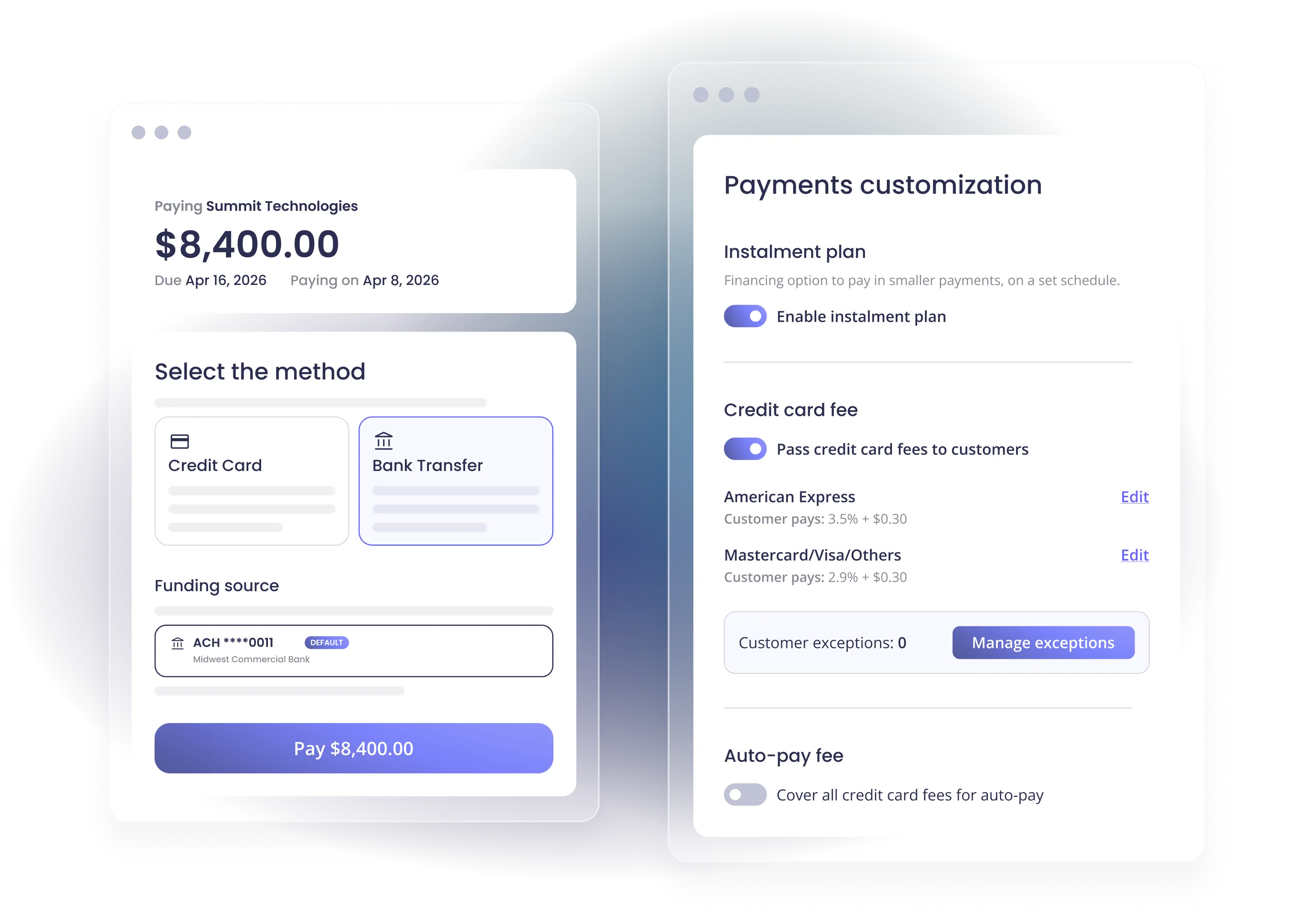 Payment method selection screen next to a payments customization panel with fee and instalment settings