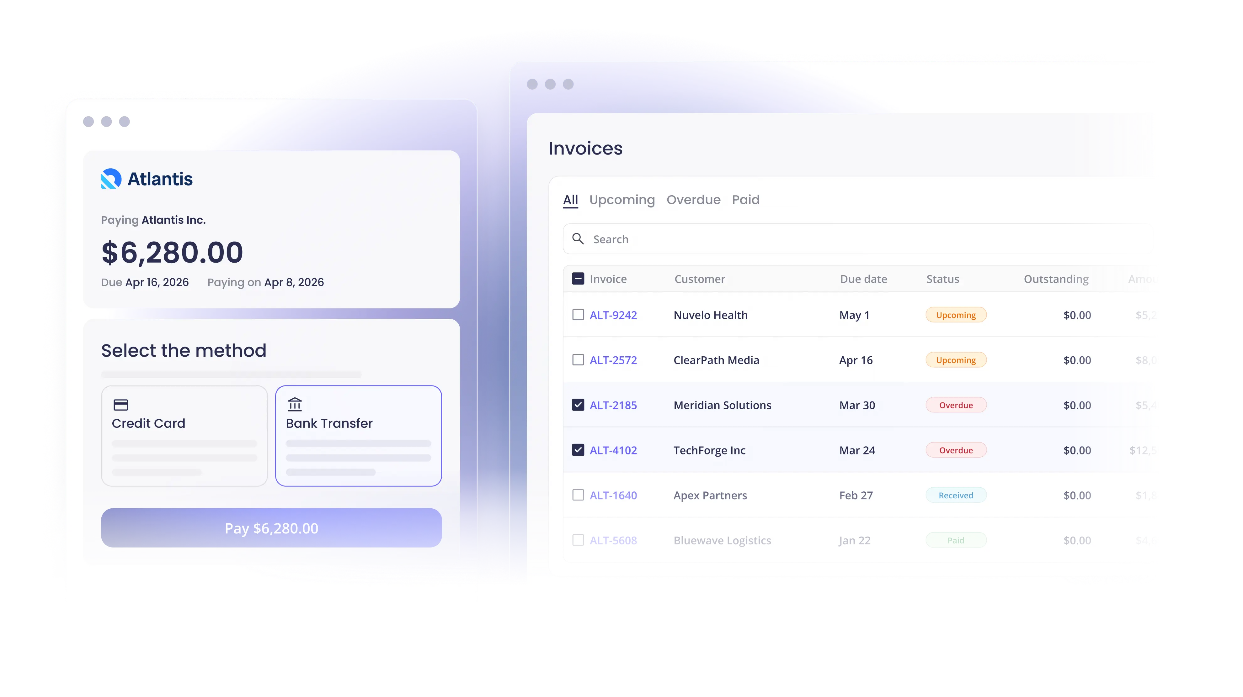 Payment method selection screen next to an invoices list with status indicators