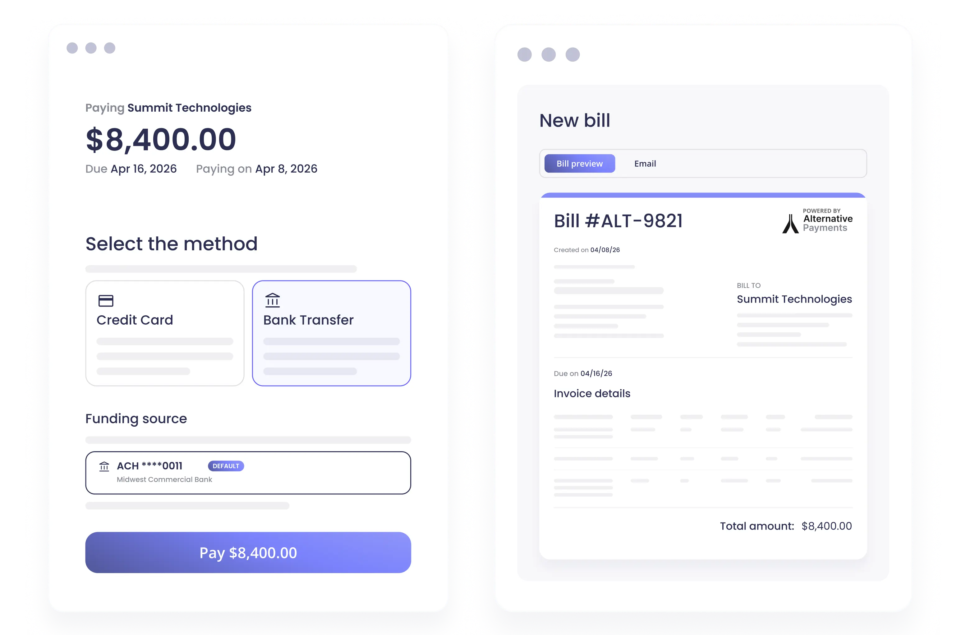 Payment method selection screen and new bill preview side by side