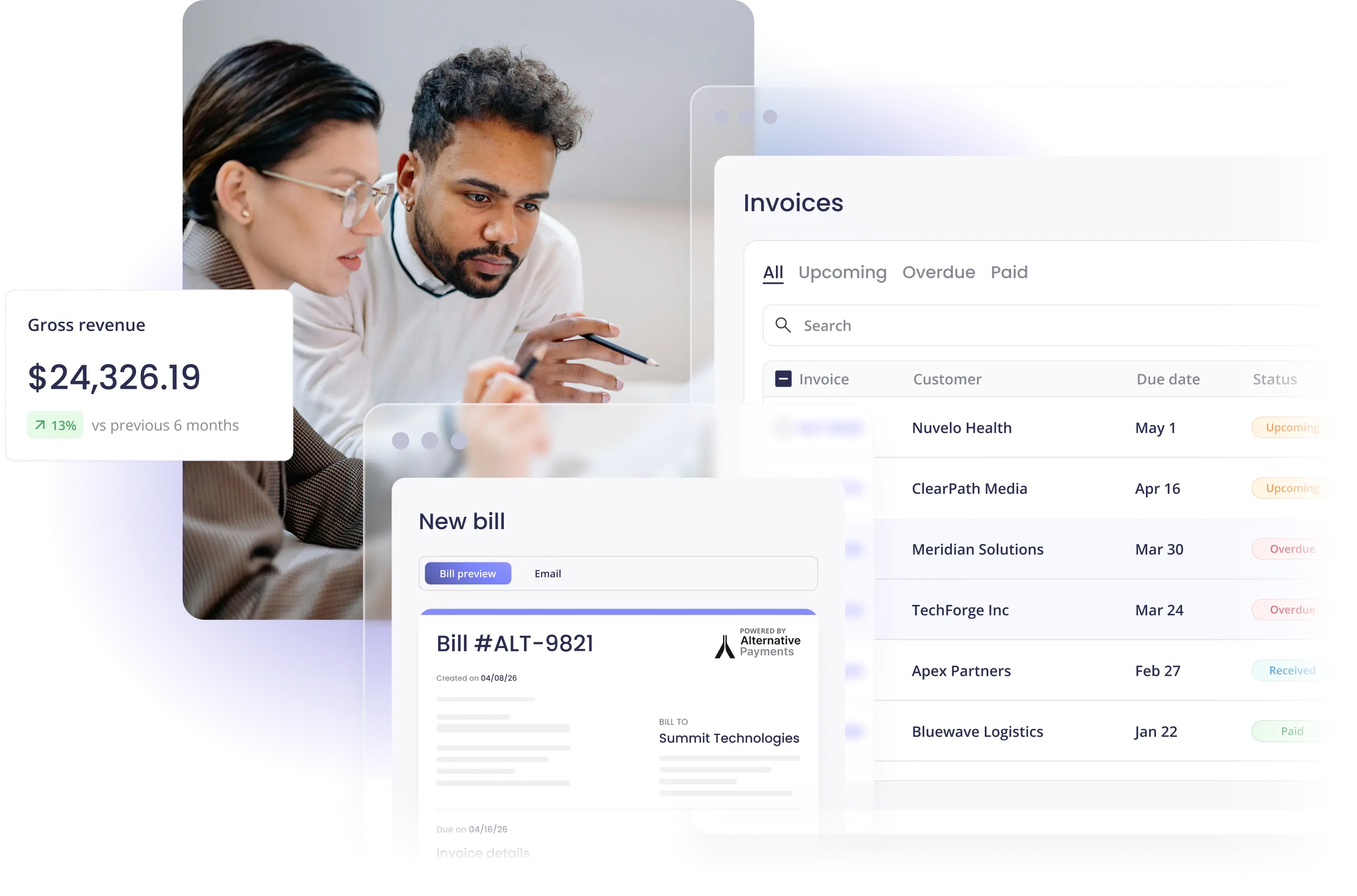 Two professionals collaborating next to gross revenue, invoices, and new bill dashboards