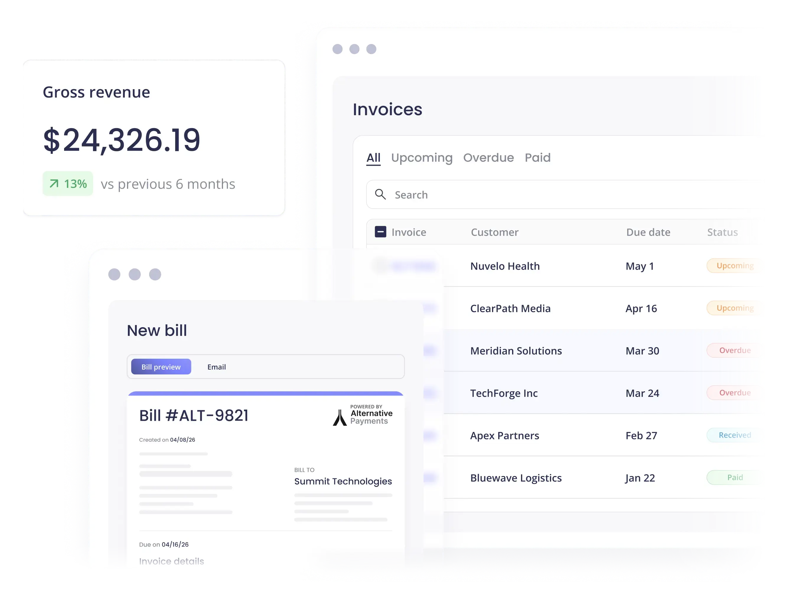 Gross revenue stat, invoices list, and new bill preview dashboards