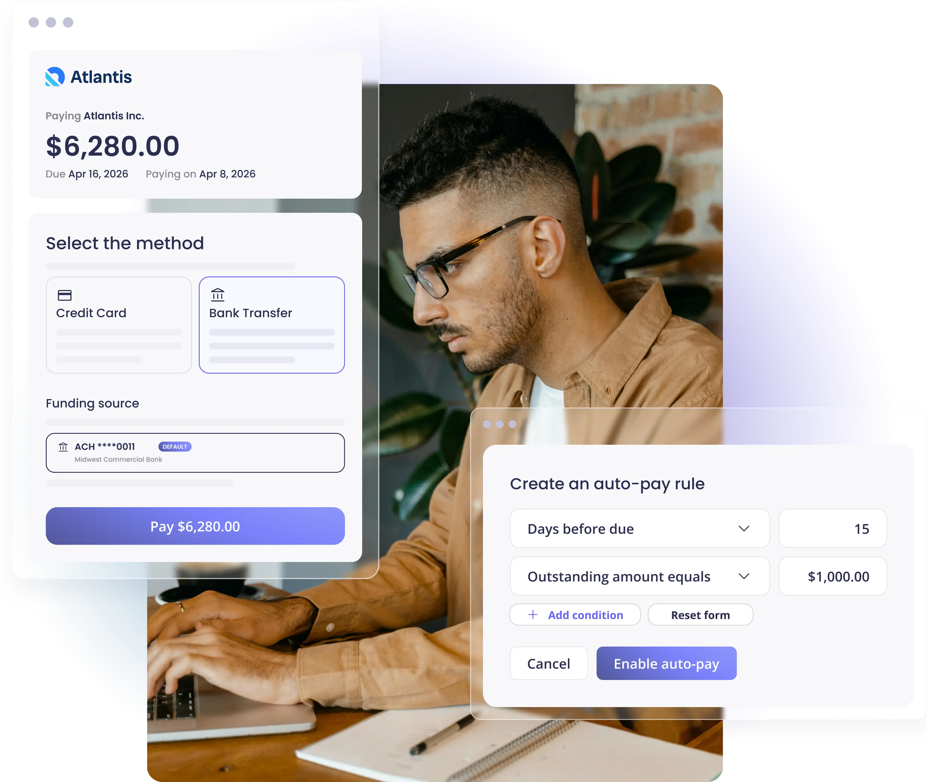 A professional at a laptop next to a payment method selection screen and auto-pay rule creation panel
