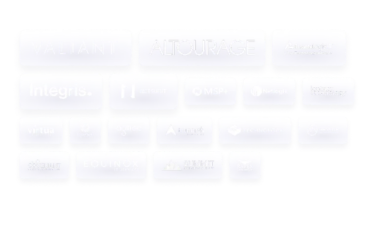 A grid of MSP and IT company logos including Valiant, Integris, Netsurit, Altourage, TeamLogic IT, MSP+, Netlogix, Lentner Technology, Virtua Computers, FocusPlanit, Agiltec, Trunorth Dynamics, Granite Technology, Covenant Technology Solutions, Equinox IT Services, Summit Technology Group, Centerlogic, Allsafe Cybersecurity, Heiden Technology Solutions, Bering McKinley, and Raven Automation.